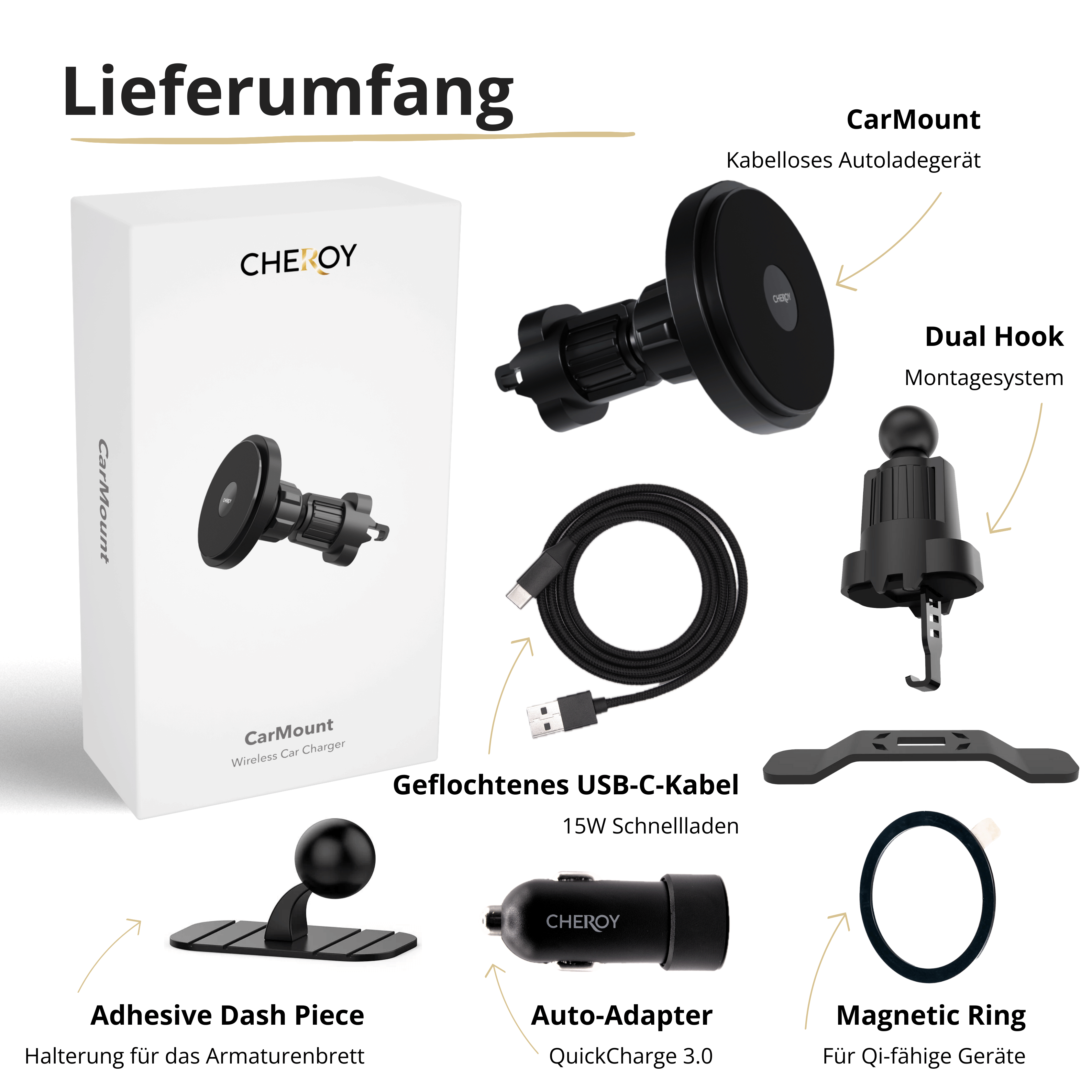 Auto-Halterungs-Set mit Box, Halterung, Kabel und anderen Teilen.