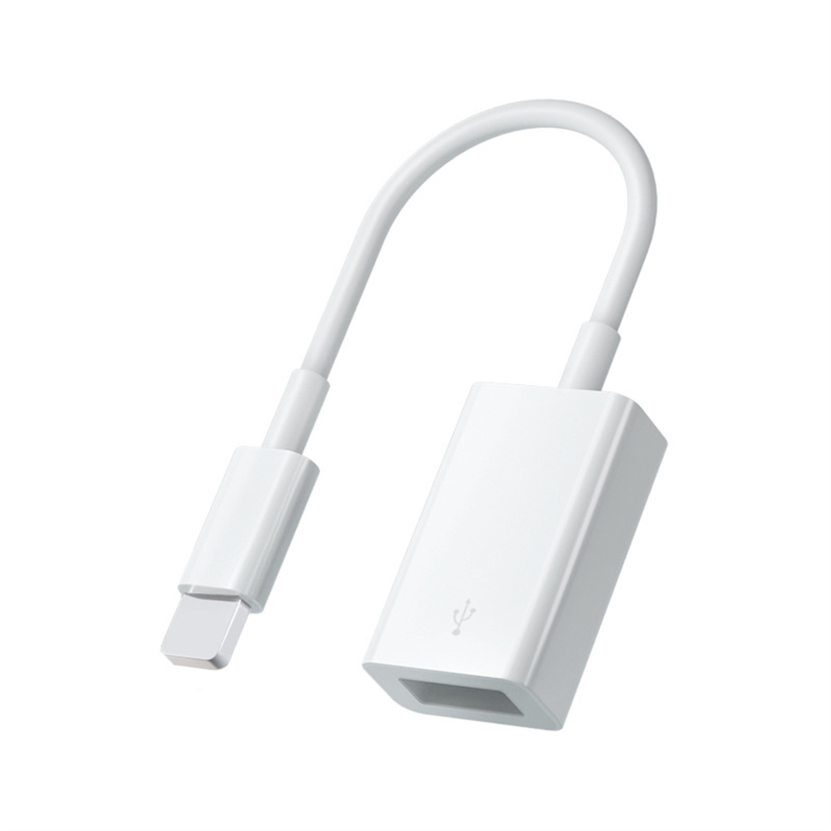Weißes USB-zu-USB-C-Adapterkabel. USB-C-Anschluss links, USB-Anschluss rechts.