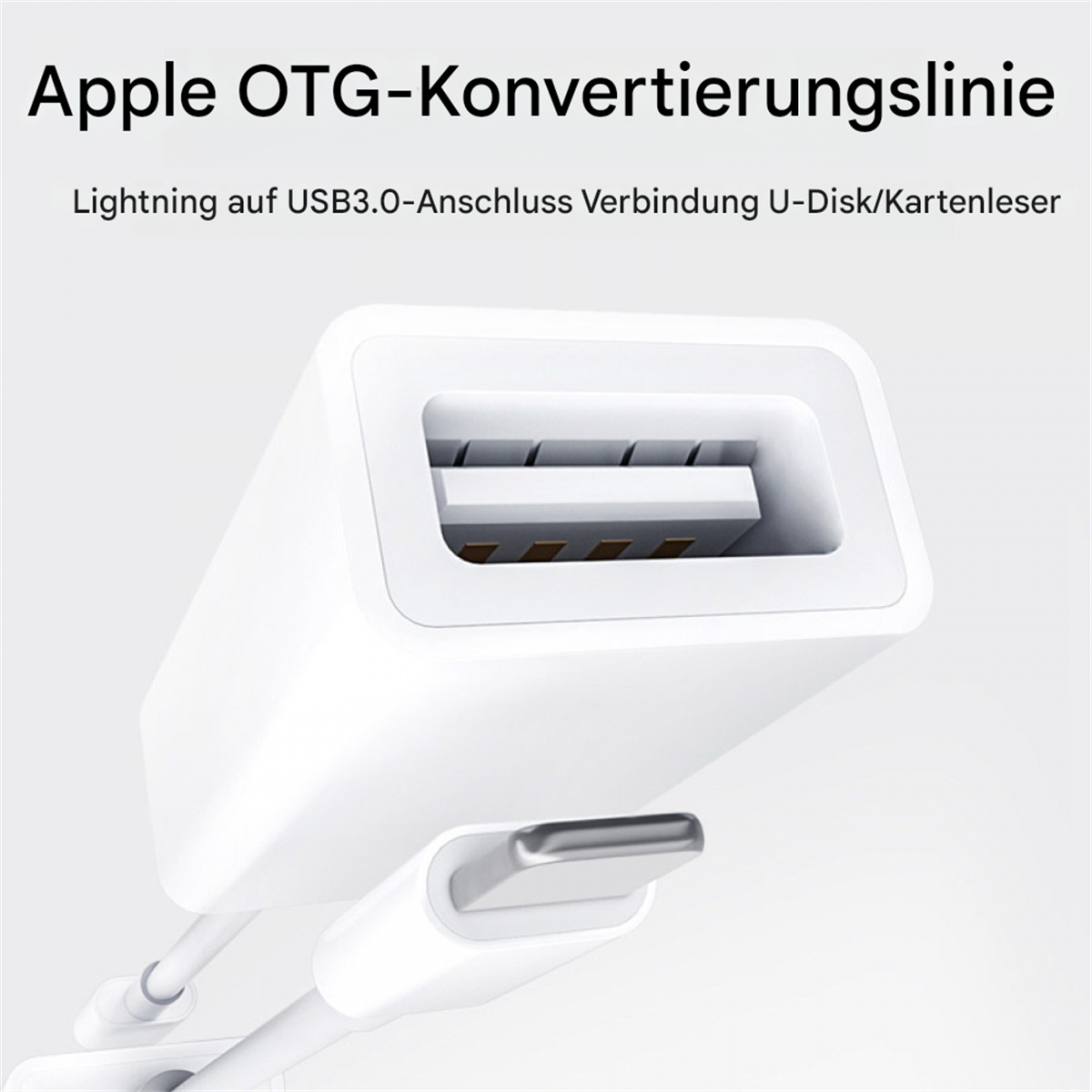 Ein weißer Adapter mit einem weißen Kabel. Er wird zum Anschluss an einen USB-Anschluss verwendet.