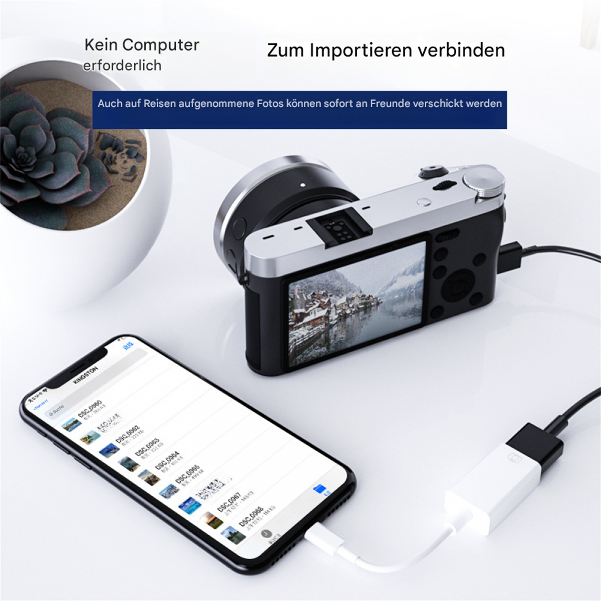 Telefon mit Kamera und anderem Gerät verbunden. Auf dem Telefon werden Bilder angezeigt.
