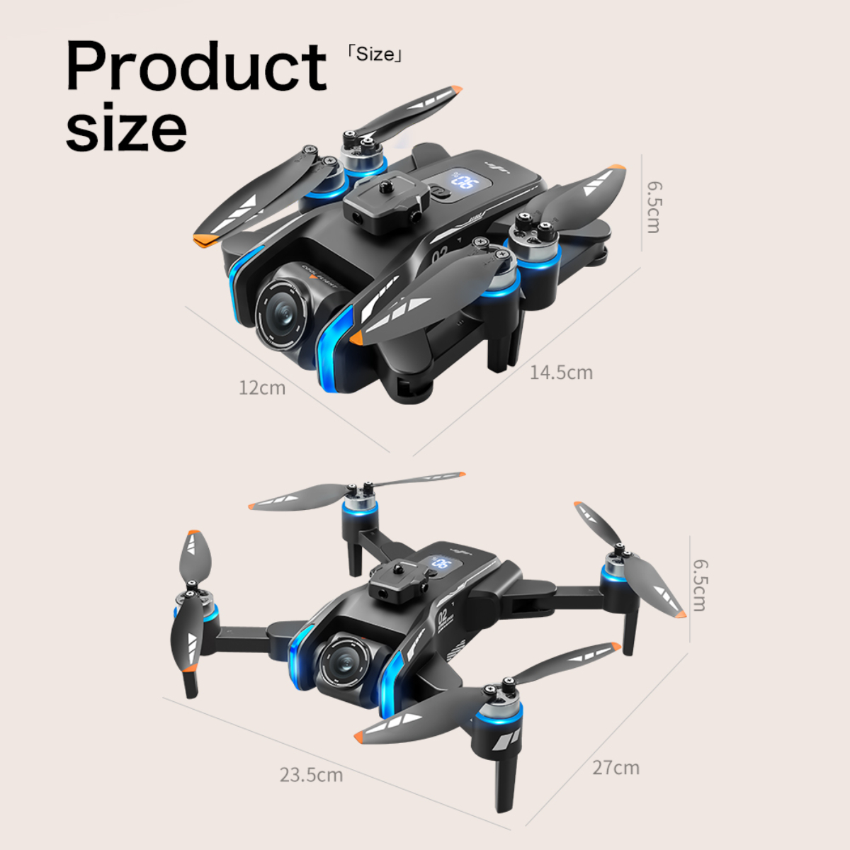 Zwei Drohnen mit Maßangaben. Schwarz-blaues Design, Propeller, Kamera, Display.