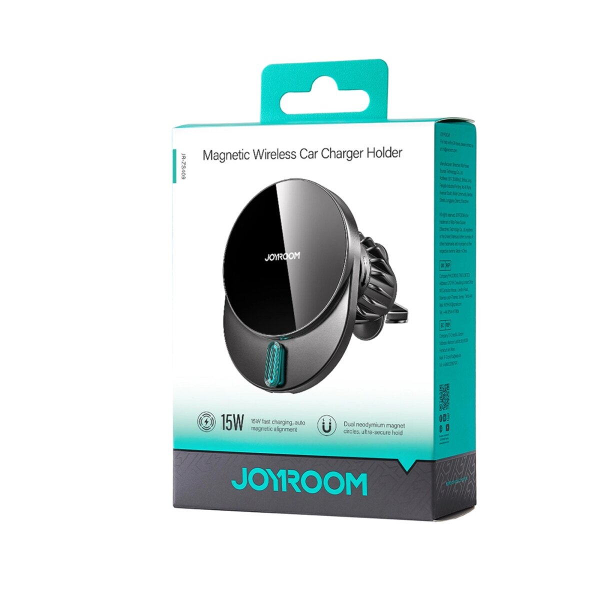 Schwarz-Türkises Autoladegerät in einer Box. Text: 'Magnetic Wireless Car Charger Holder' und 'JOYROOM'.