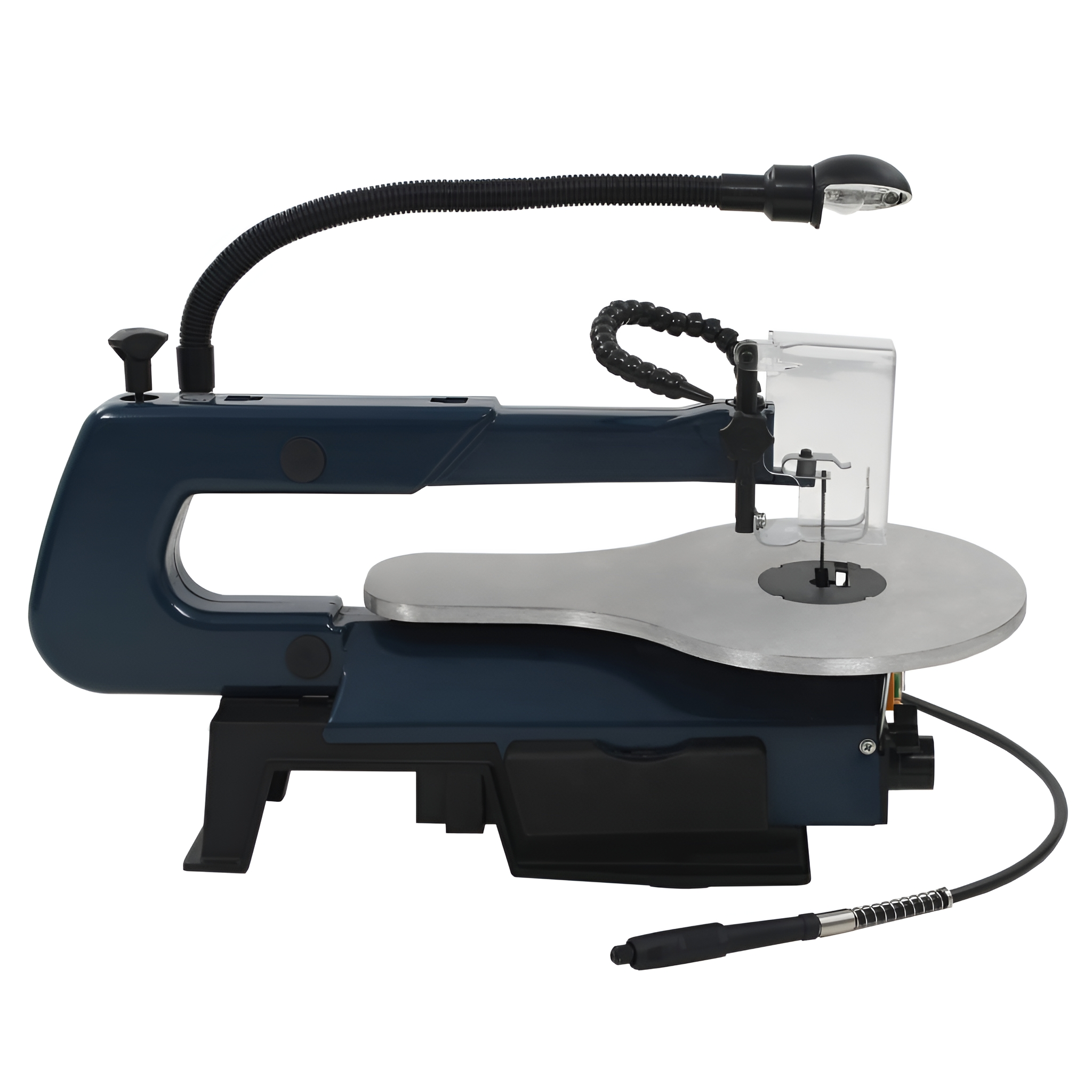 Blaue und graue Dekupiersäge mit flexibler Lampe und Schutz.