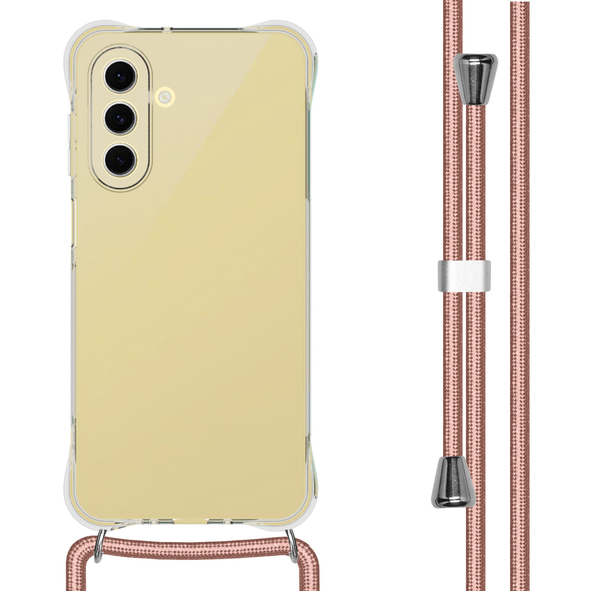 Handyhülle mit rosa Gurt, silbernen Akzenten und einem Telefon.