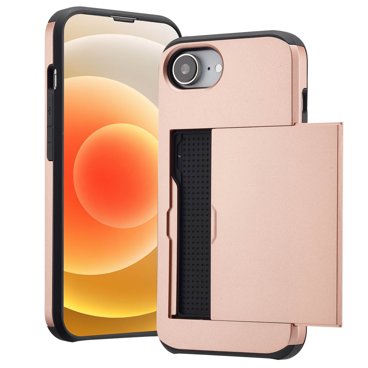 Telefoon met een roségouden hoesje met een kaarthouder. Het telefoonscherm is aan en heeft een afbeelding.