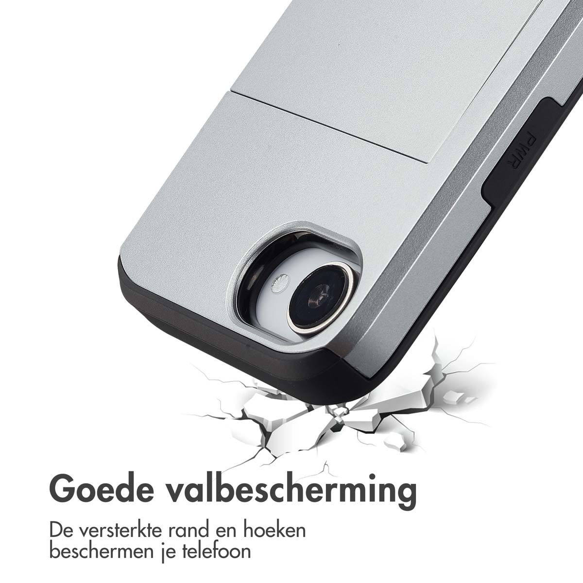 Close-up van een telefoonhoesje bij een barst. Tekst: 'Goede valbescherming'.