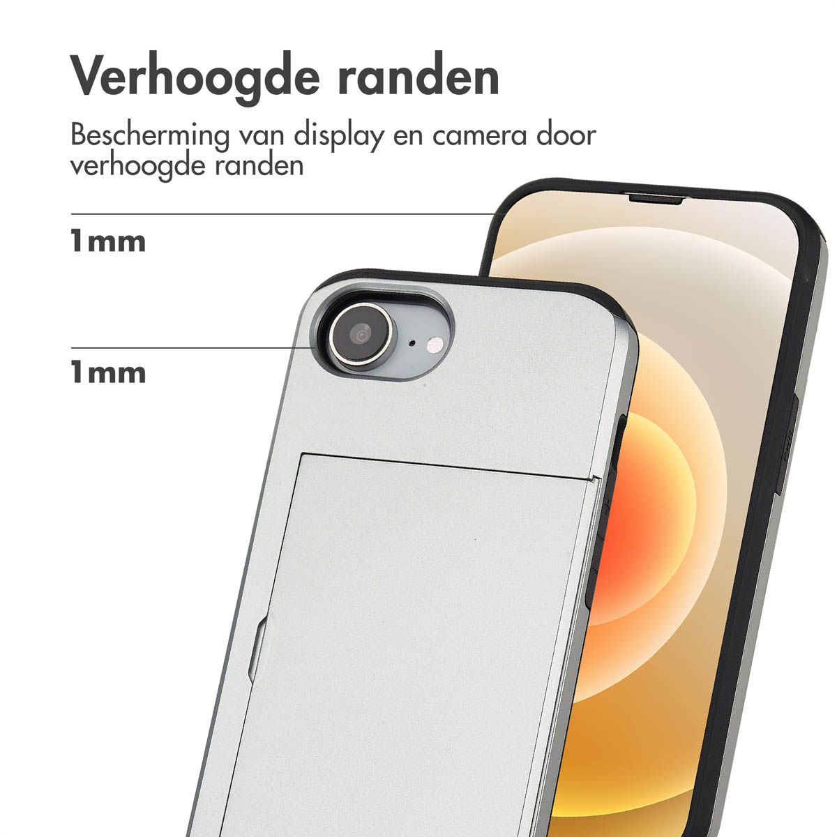 Telefoon met een zilveren hoesje met een kaarthouder. Tekst in het Nederlands toont de verhoogde randen.