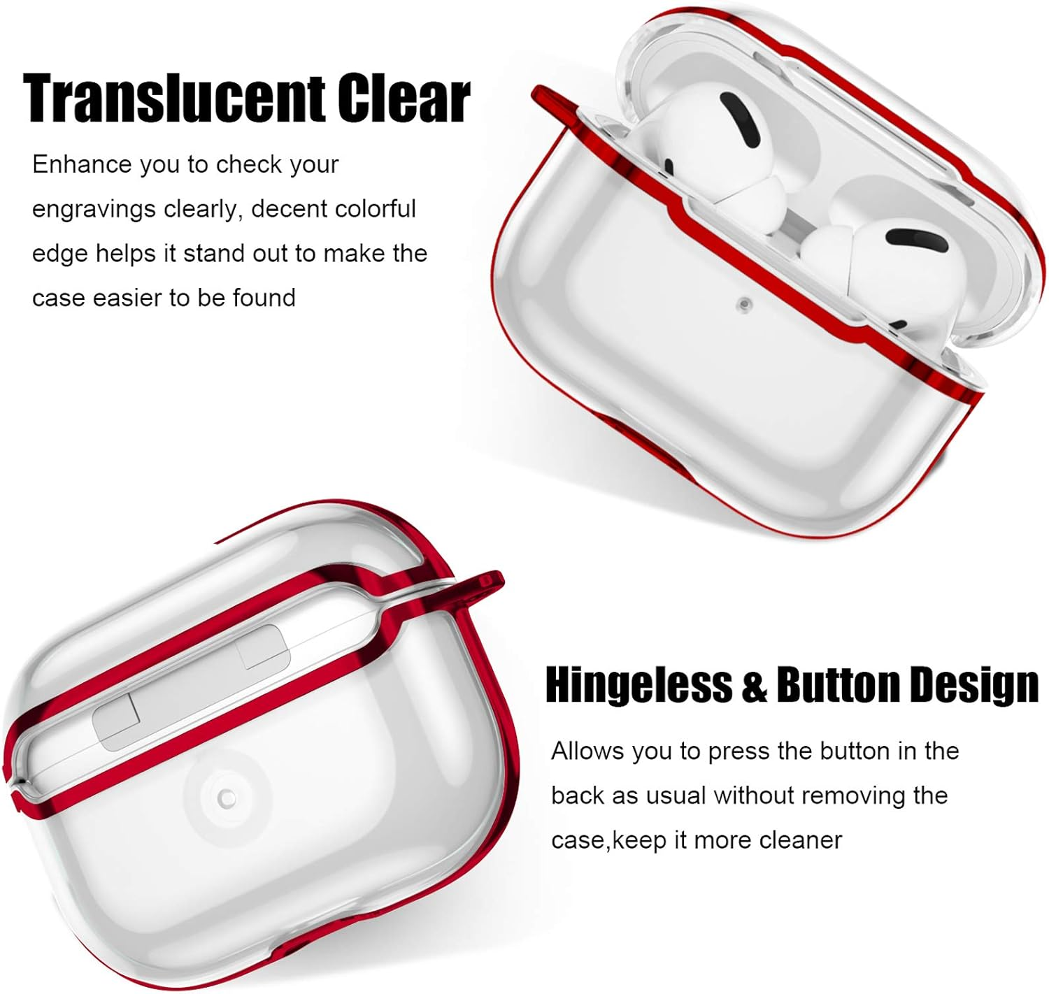 Transparente AirPods-Hülle mit rotem Rand, offen und geschlossen.