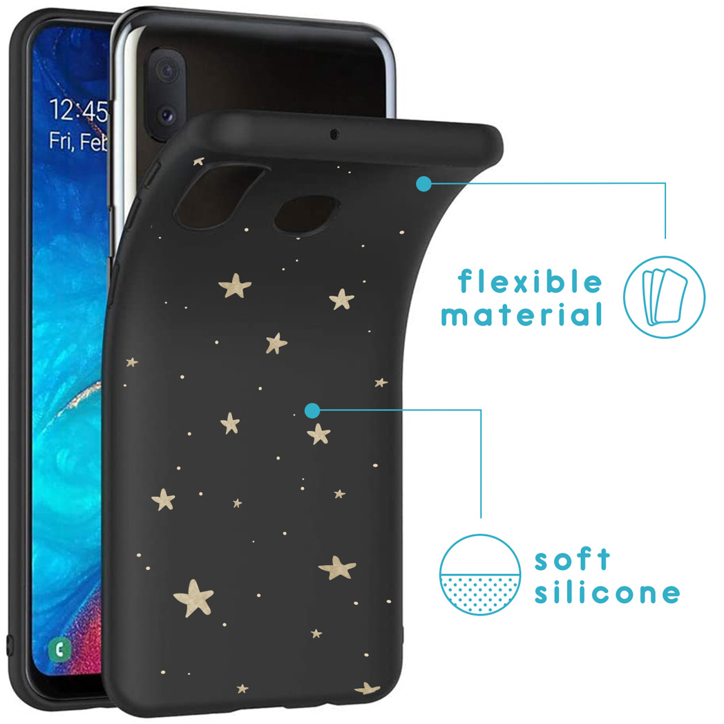 Schwarze Handyhülle mit goldenen Sternen. Merkmale zeigen flexibles Material und weiches Silikon.