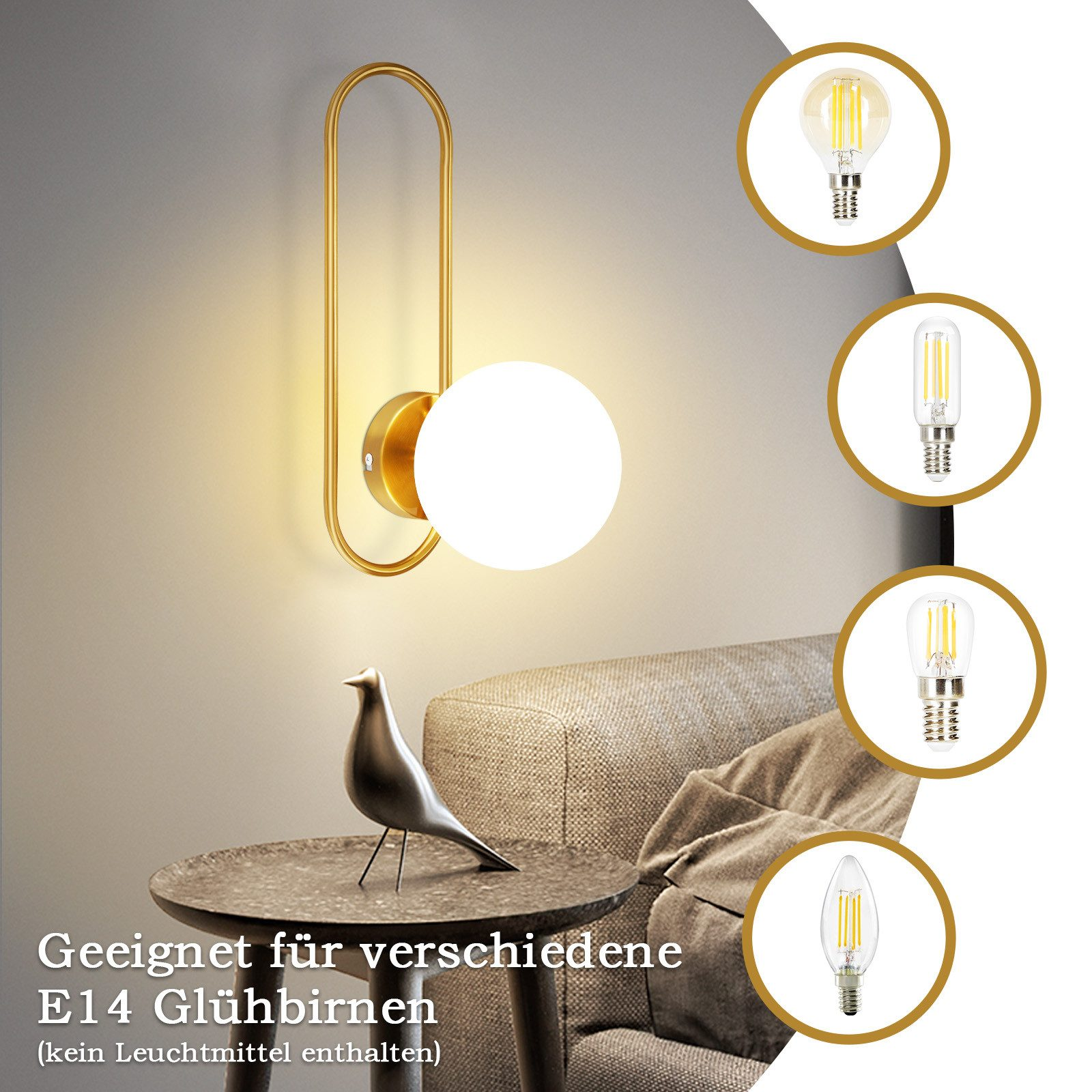 Una lampada da parete con staffa dorata e luce sferica bianca. Vengono visualizzate quattro lampadine diverse.