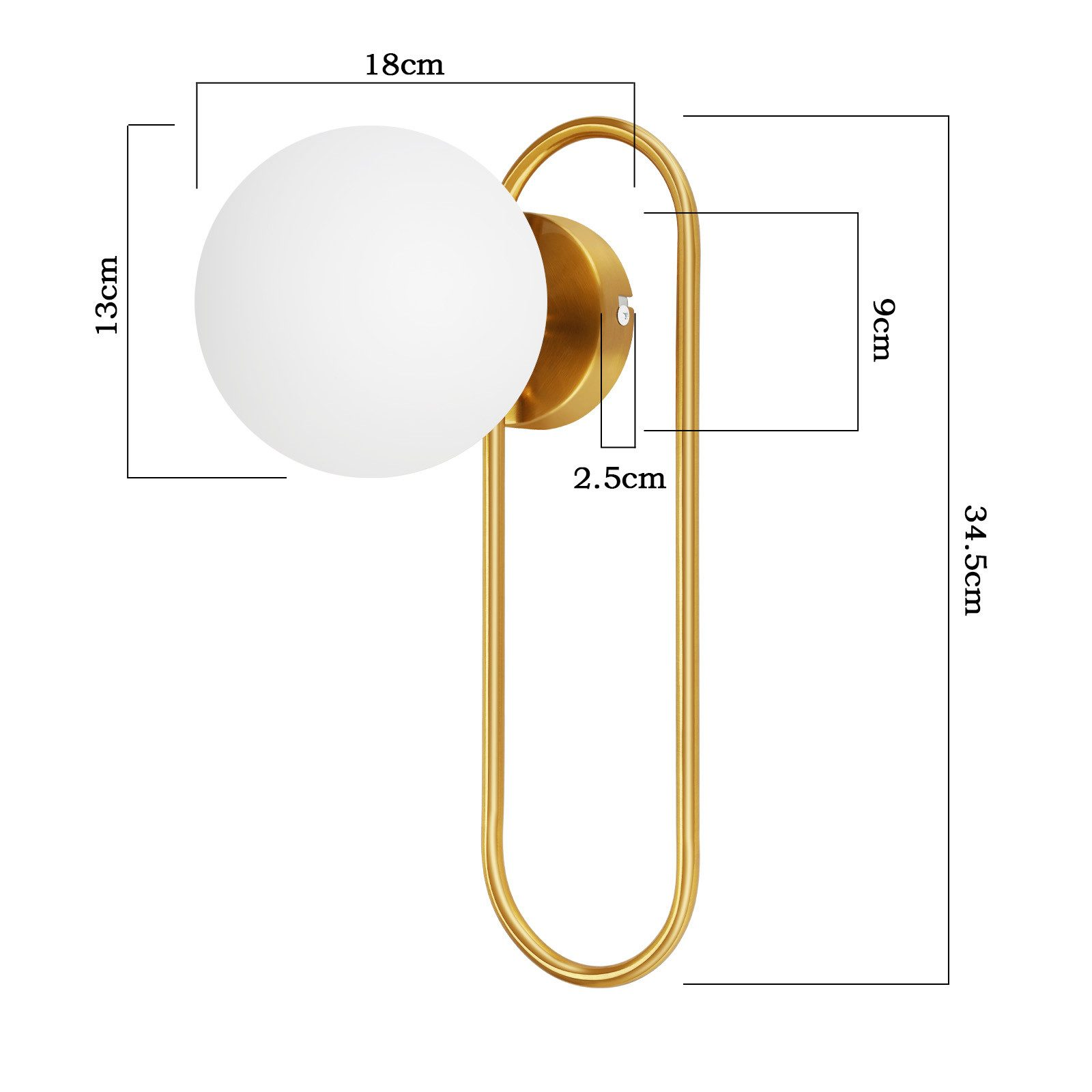 Lampada da parete dorata con lampadina bianca a globo.