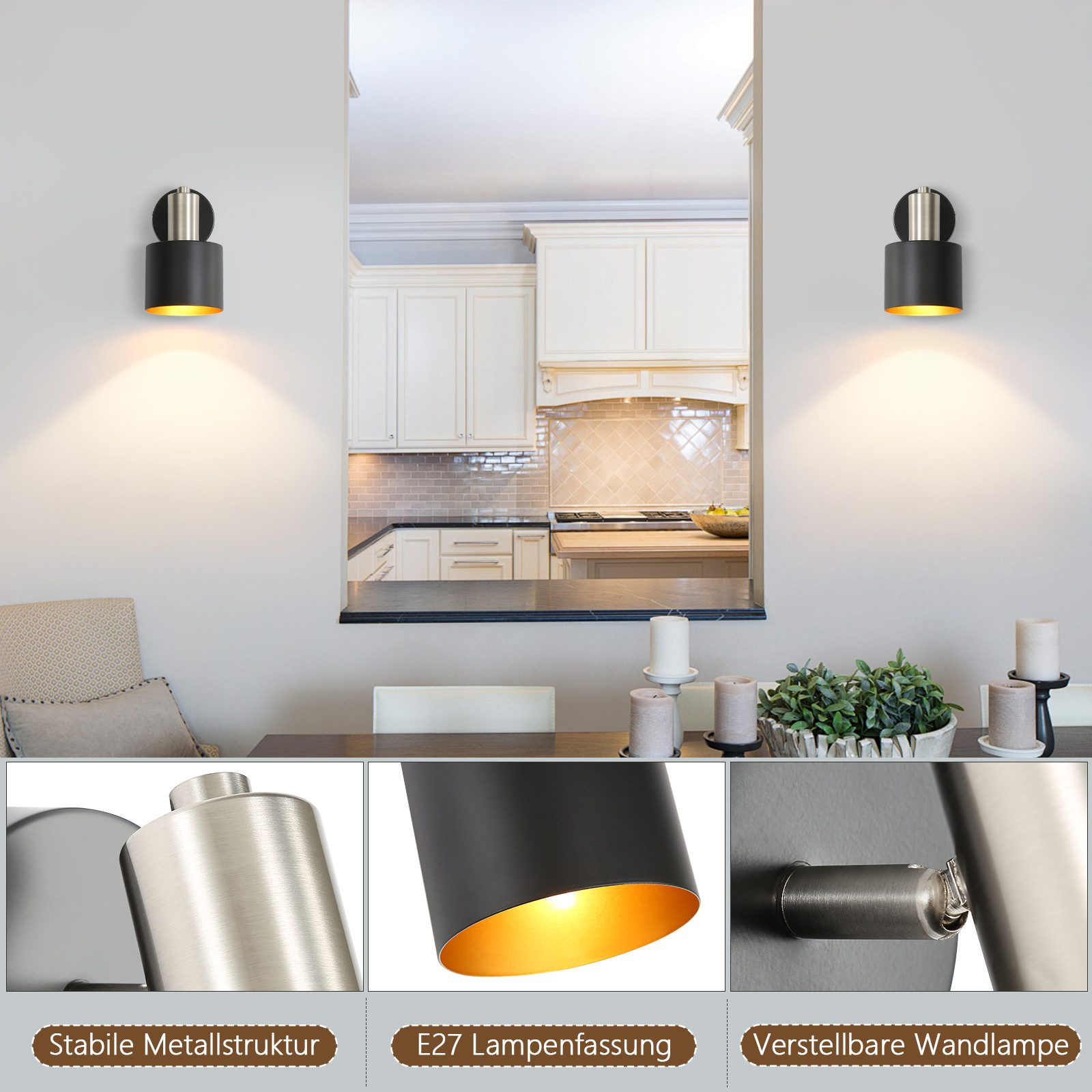 Due lampade da parete con design nero e oro, che illuminano una stanza.