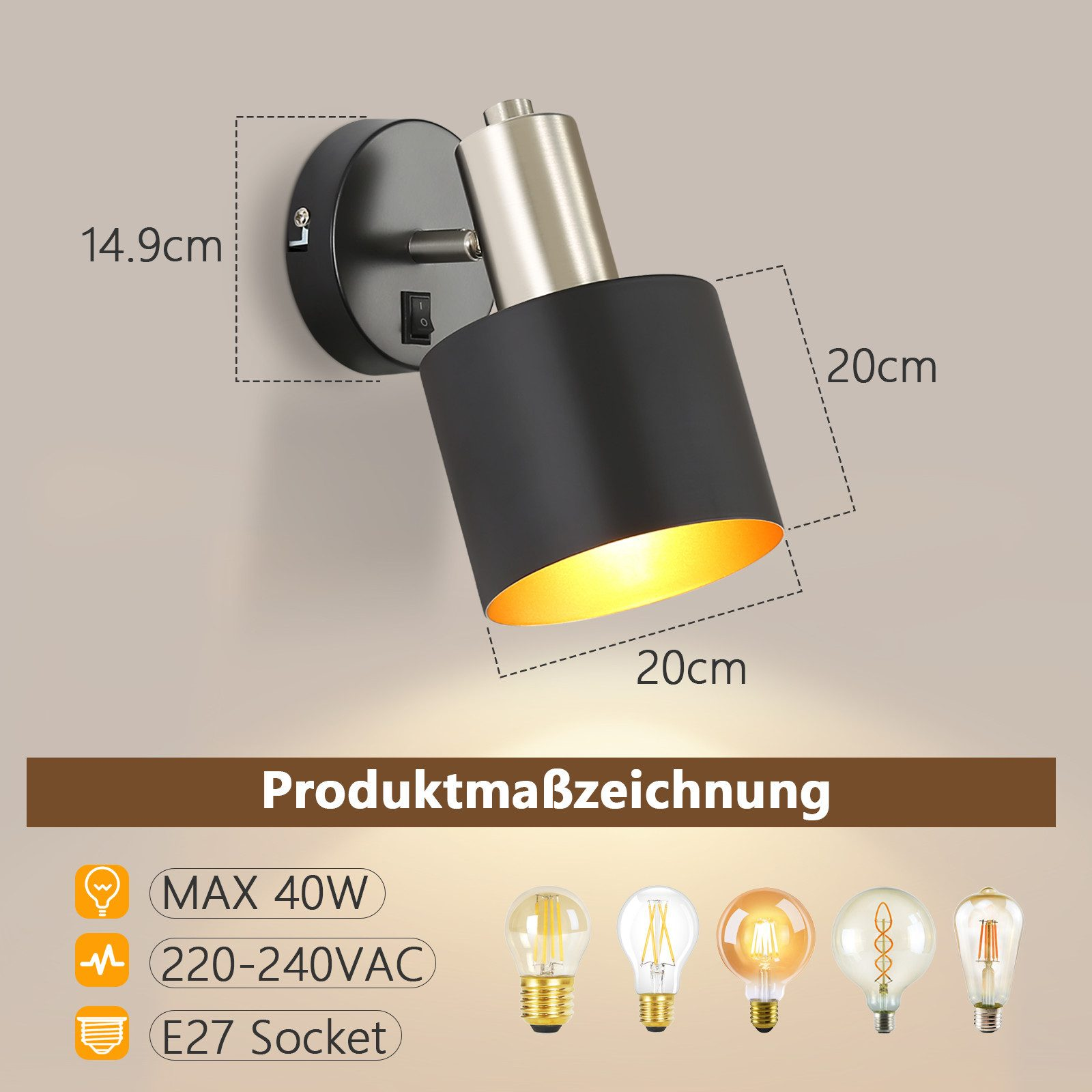 Lampada da parete nera e argento con misure di altezza e larghezza e specifiche della lampadina.
