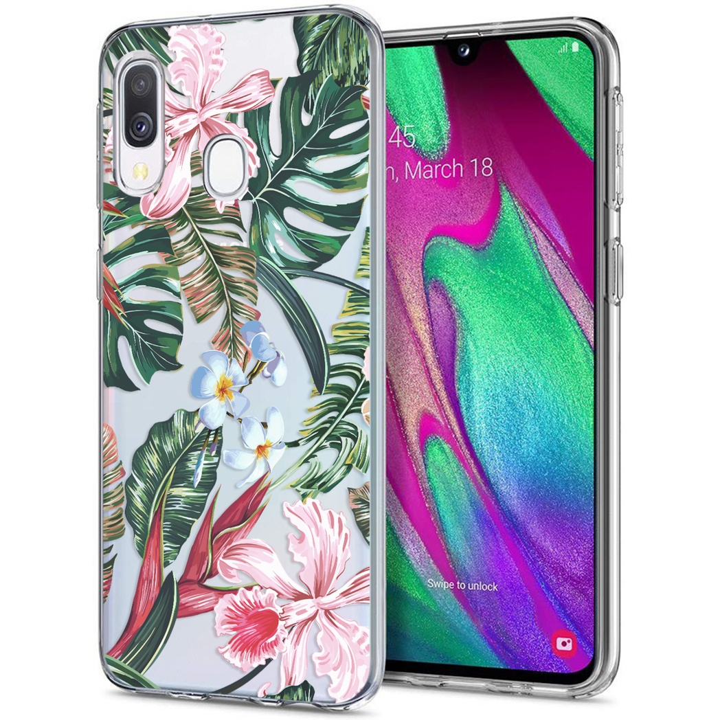 Handyhülle mit floralem Design. Rosa und weiße Blumen, grüne Blätter, grauer Hintergrund.