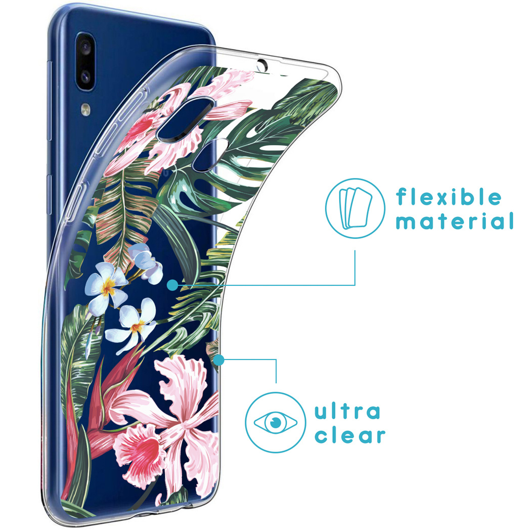 Blaue Handyhülle mit floralem Design. Text auf der Hülle besagt, dass sie flexibel und ultra-klar ist.