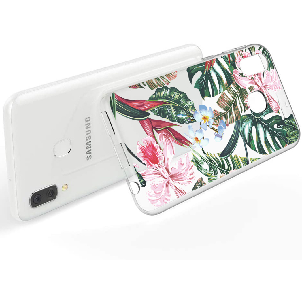 Weißes Telefon mit Hülle mit Blumendruck, mit weißem Hintergrund.