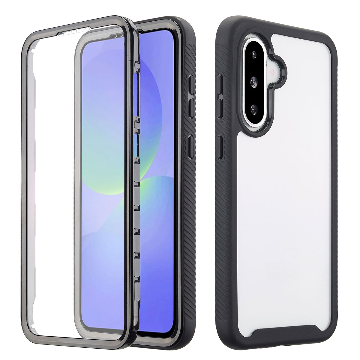 Beschermende telefoonhoes, twee delen, een transparant, de andere zwart-wit, telefooncontour zichtbaar.