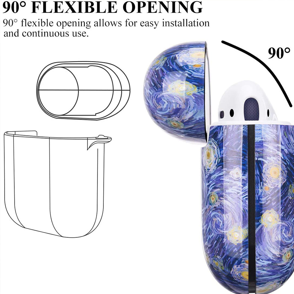 Eine Hülle für Ohrhörer mit Sternennacht-Design. Die Hülle ist offen und zeigt die Ohrhörer darin.
