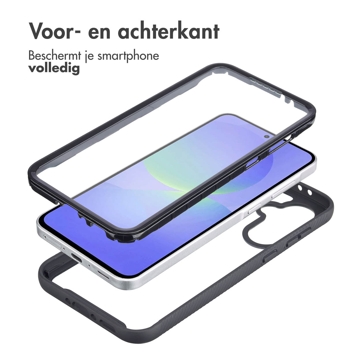 Telefoon in beschermlagen. Zwart en grijze hoes. Blauw scherm zichtbaar.