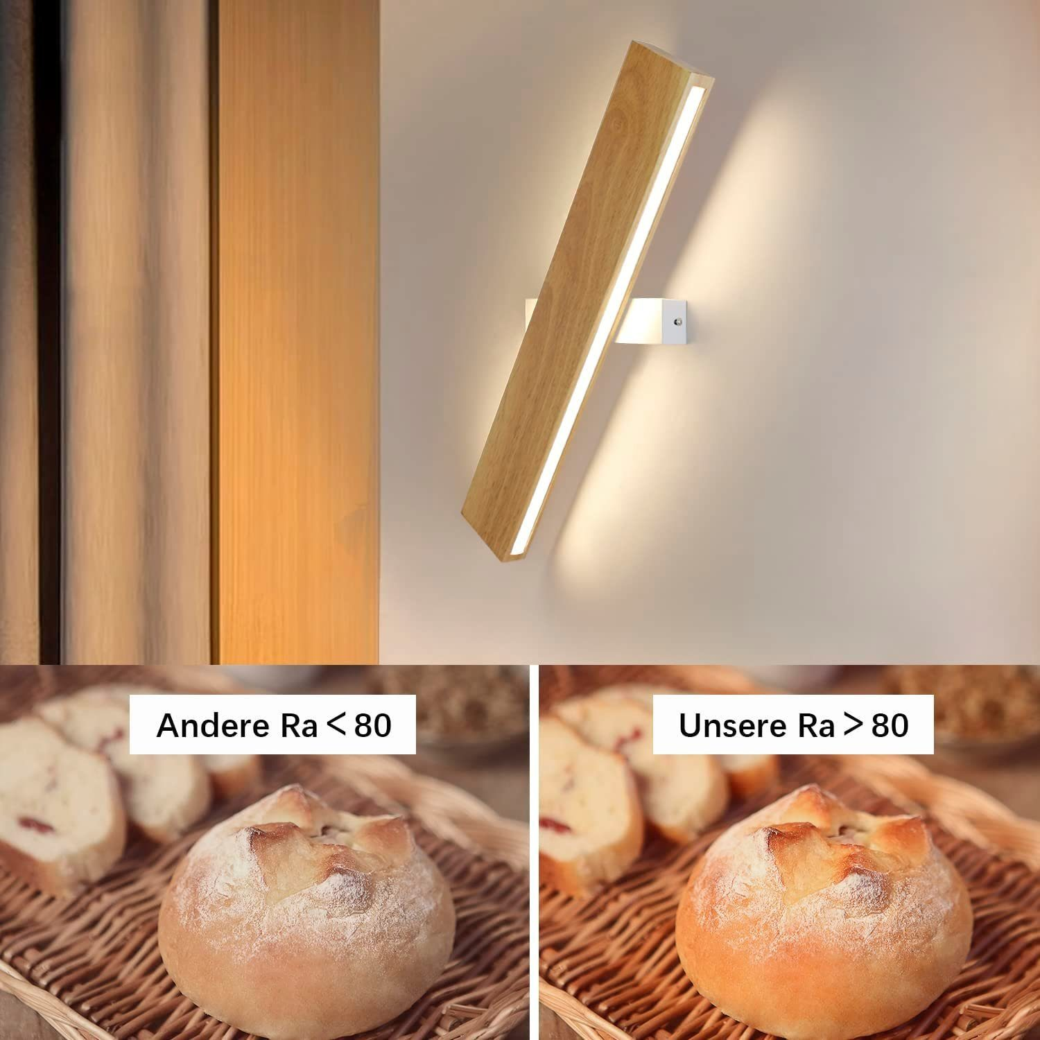 Eine hölzerne Wandlampe mit Licht, die unterschiedliches Licht auf Brot wirft, mit besserer Beleuchtung auf der rechten Seite.
