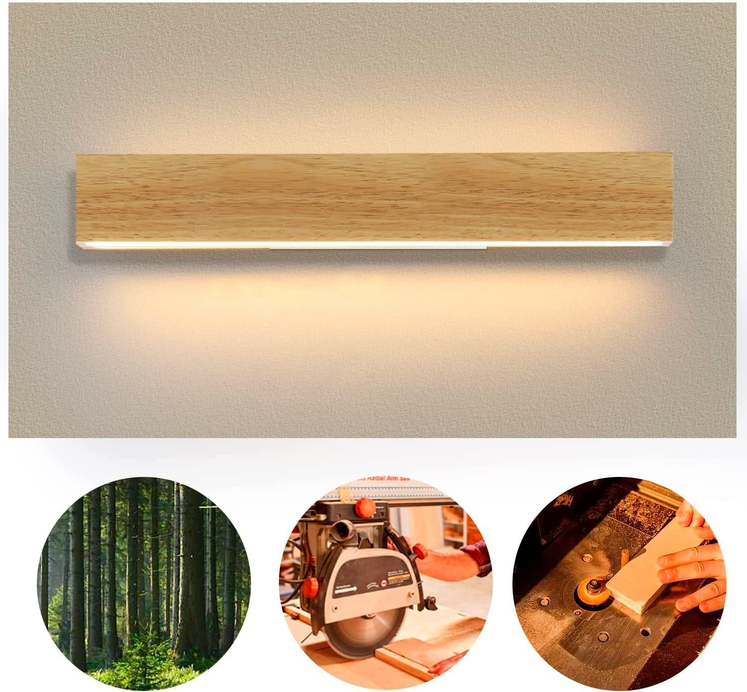 Eine Wandleuchte aus Holz ist an einer weißen Wand installiert. Die Lampe ist mit einem sanften Licht beleuchtet.