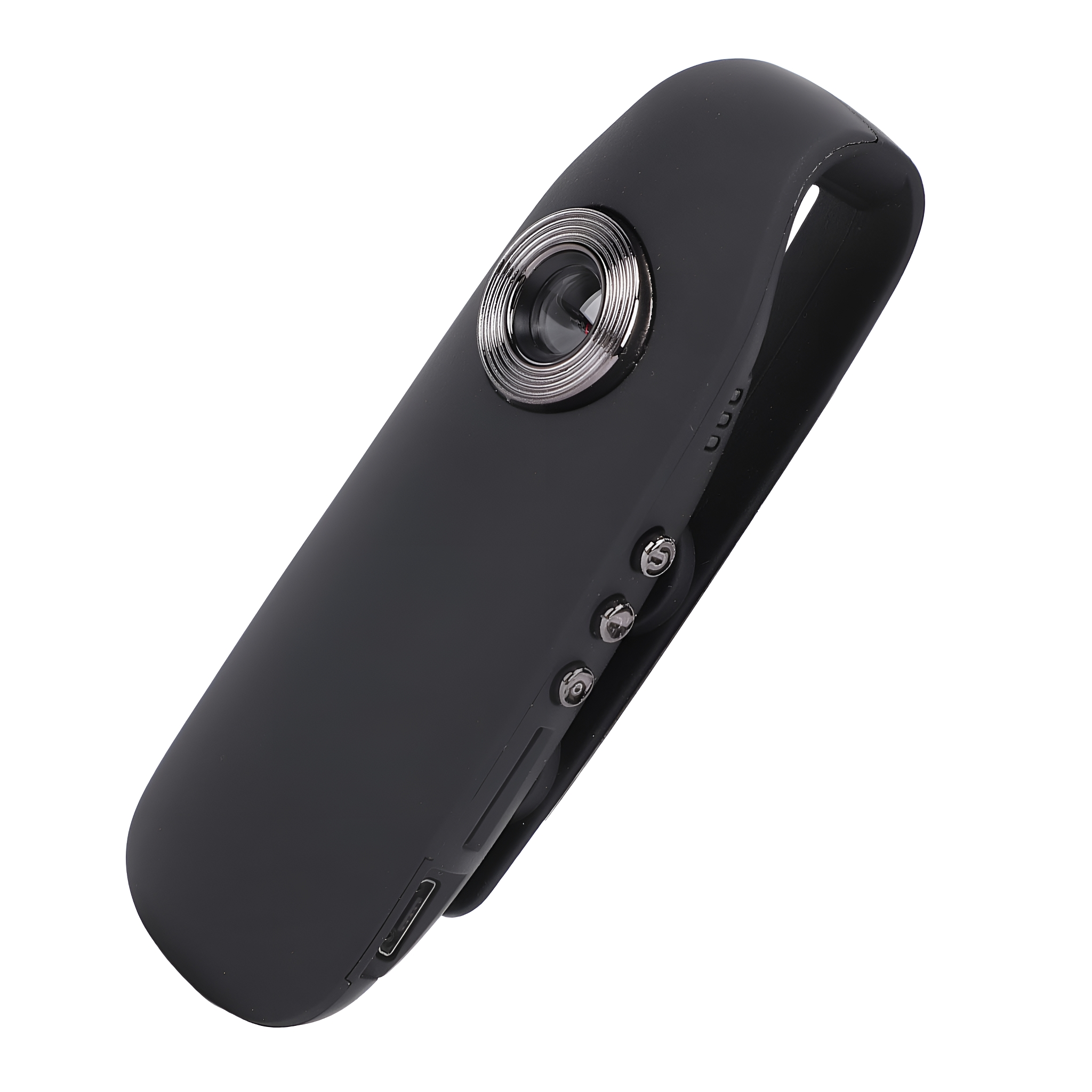 Eine schwarze Mini-Kamera mit Objektiv, drei Knöpfen und einem Clip.