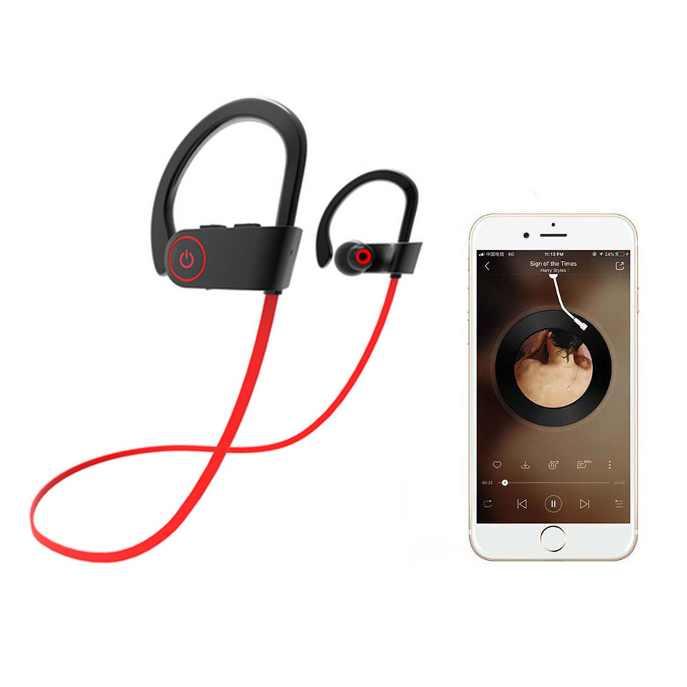 Schwarze und rote kabellose Ohrhörer mit einem Telefon, das Musik anzeigt.