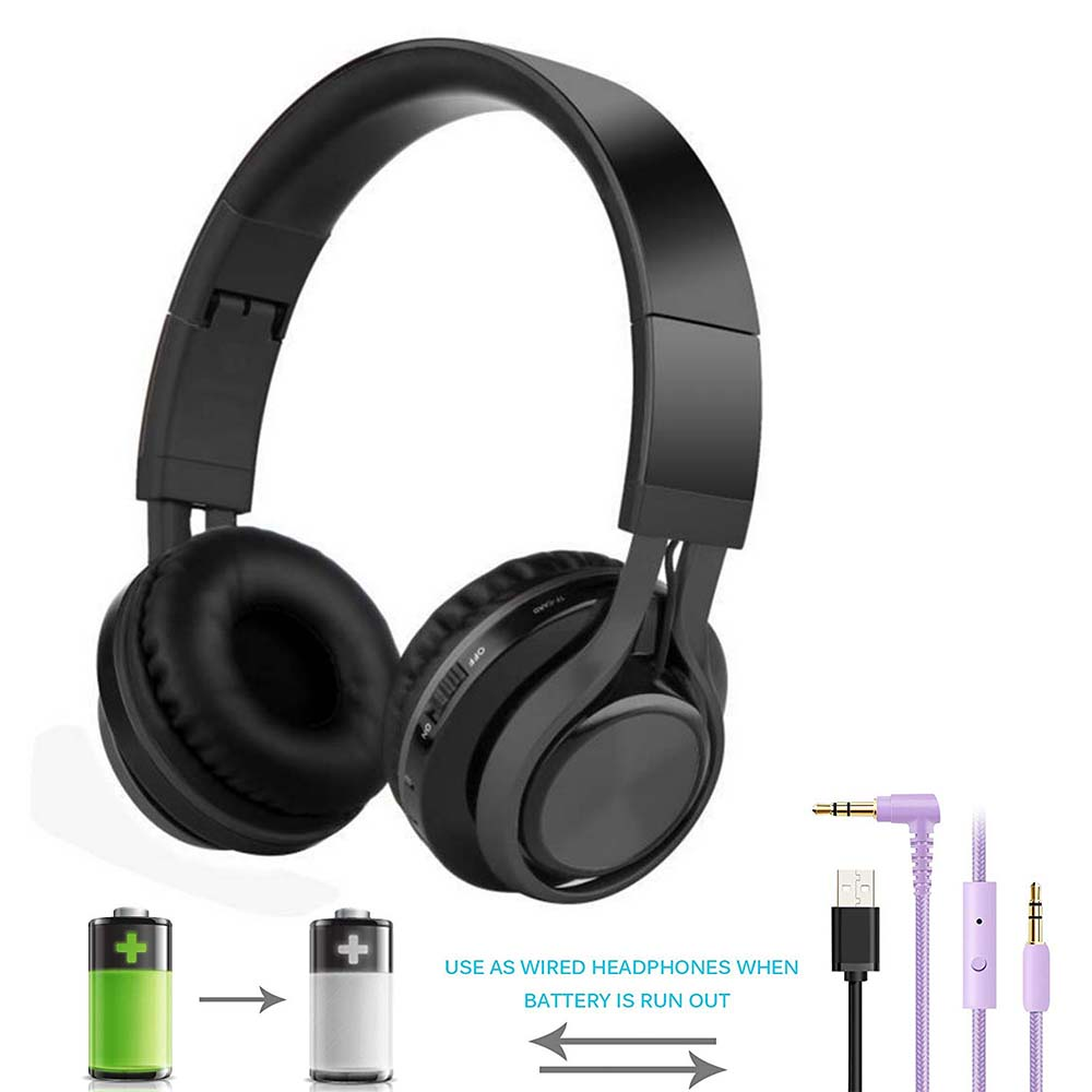 Schwarze kabellose Kopfhörer mit Batteriebild und Kabel zum Verbinden. Verwendung bei schwacher Batterie.