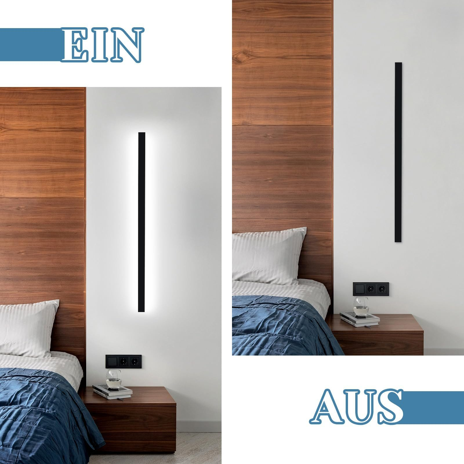 Due luci verticali nere su un muro bianco e un mobile in legno.