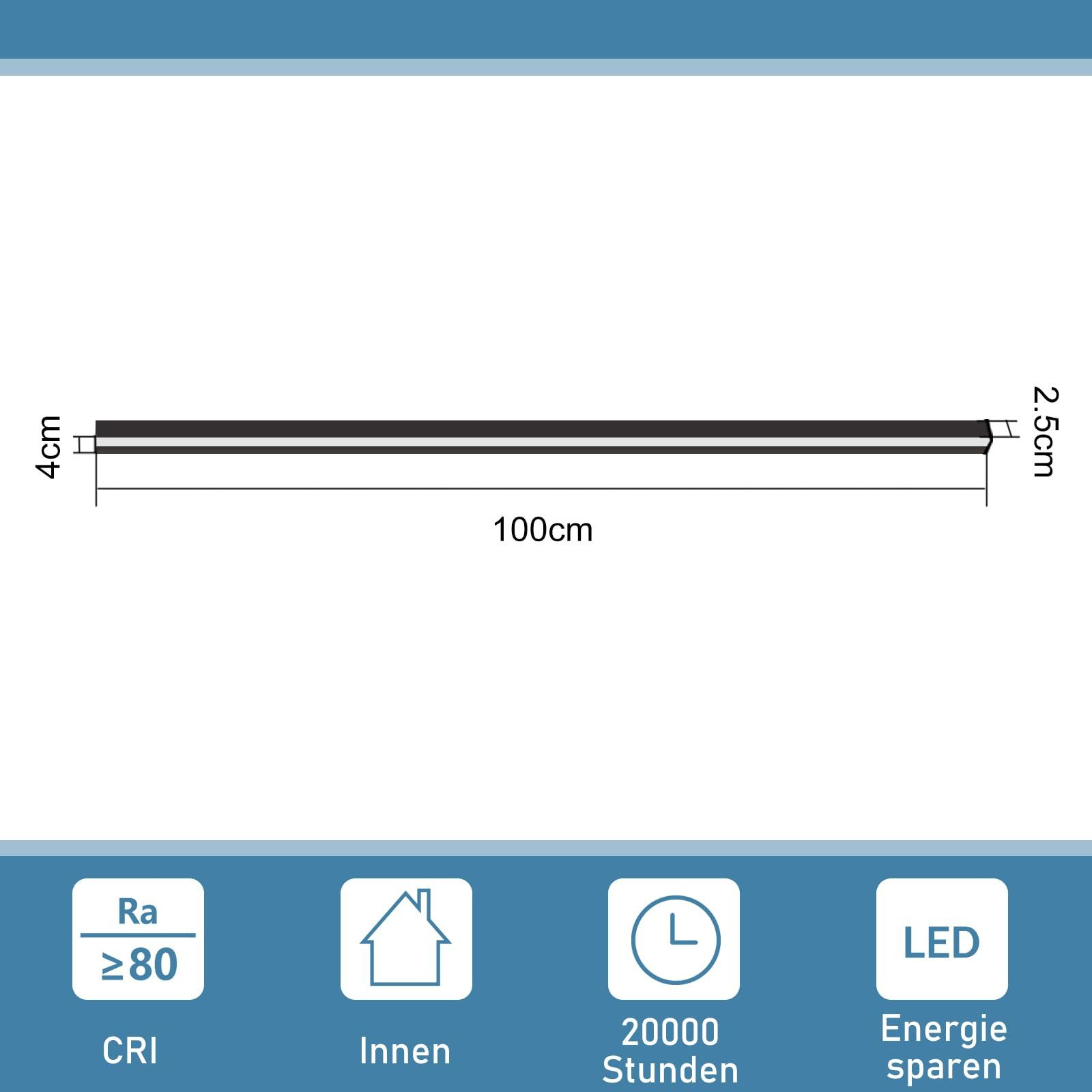 Una barra luminosa a LED nera con dimensioni etichettate. È lunga 100 cm con misure.