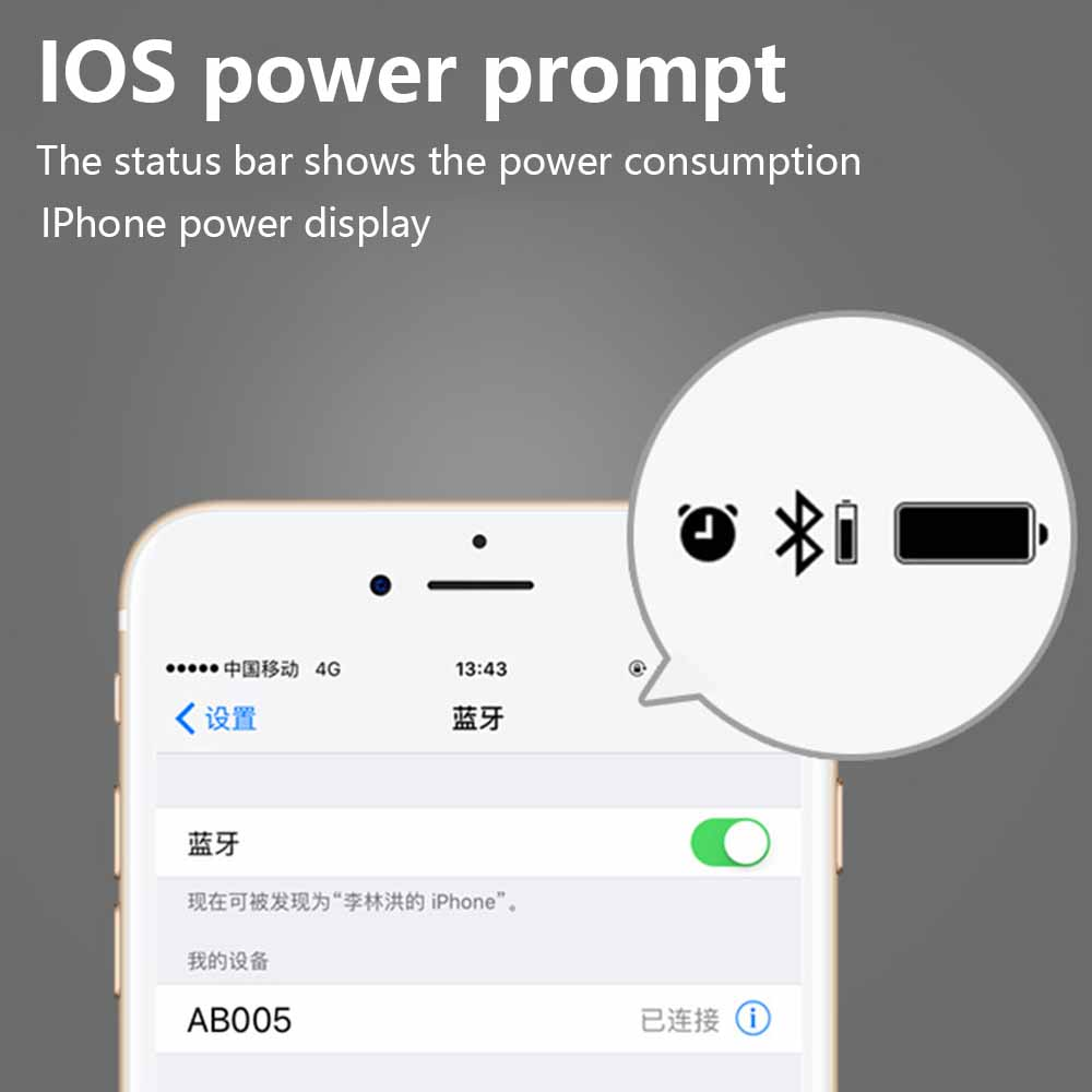 iPhone-Bildschirm zeigt Bluetooth-Einstellungen und Akkustatus. Stromverbrauch wird angezeigt.