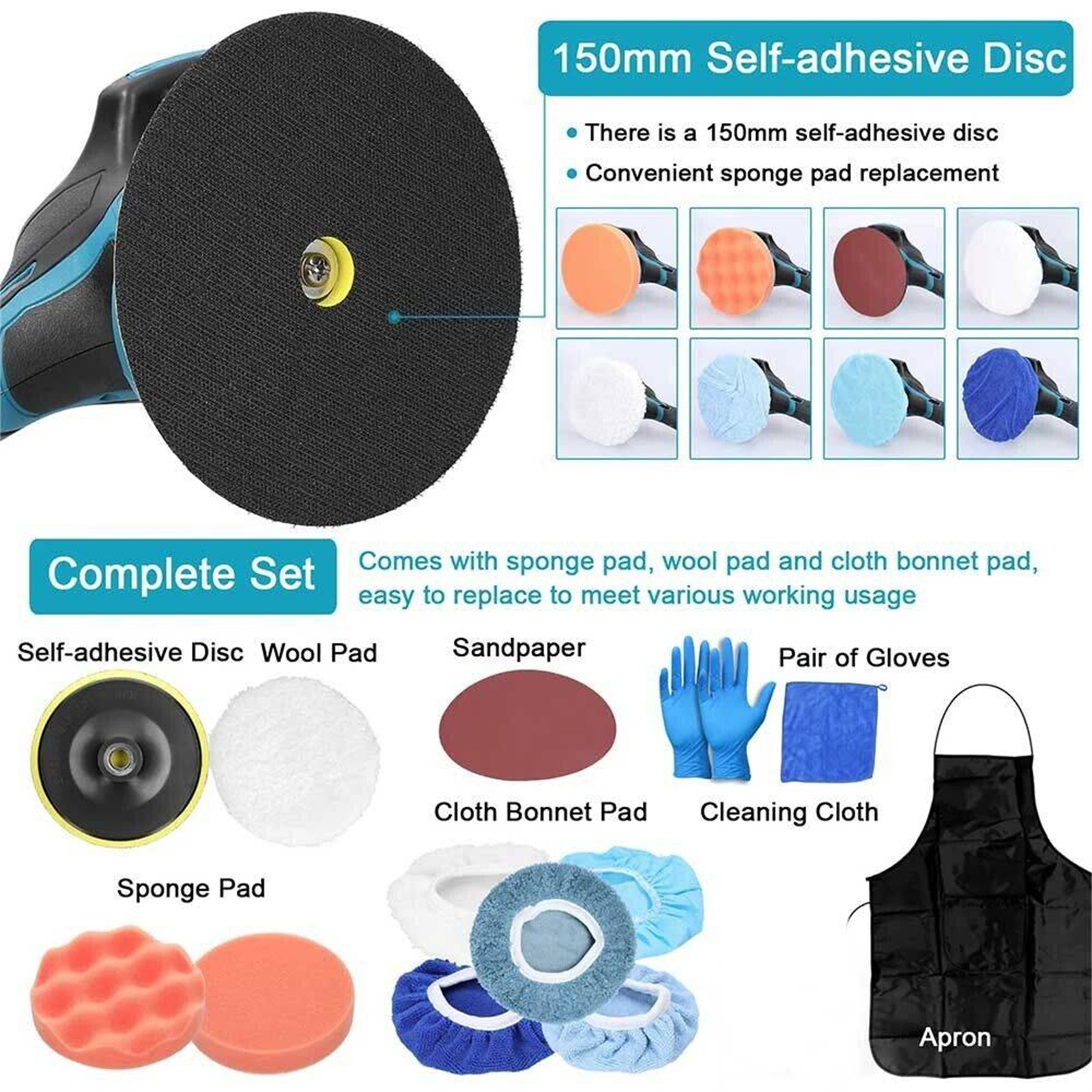Ein komplettes Polier-Set, einschließlich selbstklebender Scheibe, Schwammpads, Wollpads und Zubehör.