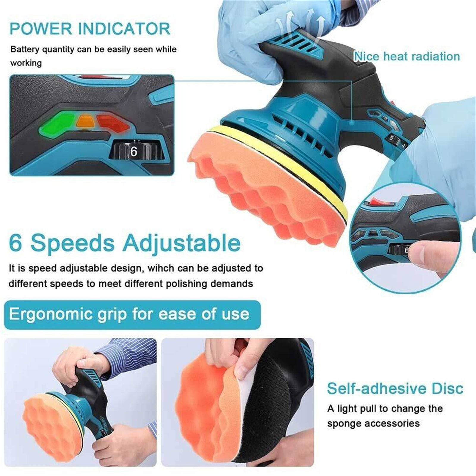 Elektrischer Schleifer mit orangefarbenem Pad. Zeigt Geschwindigkeitseinstellungen und ergonomische Grifffunktionen.