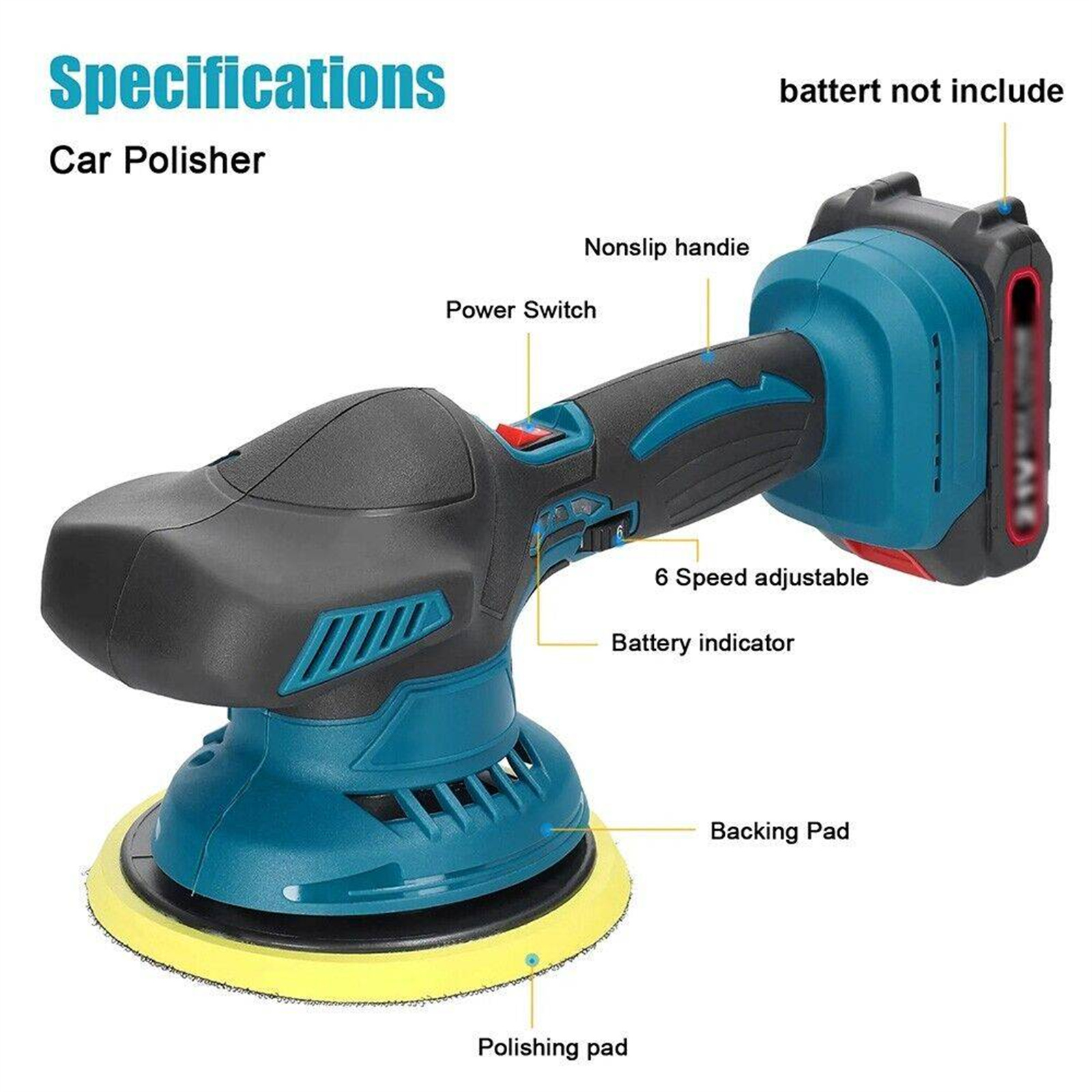 Autopolierer mit Beschriftungen. Er ist blau und schwarz und enthält ein Polierpad und ein Stützpad.