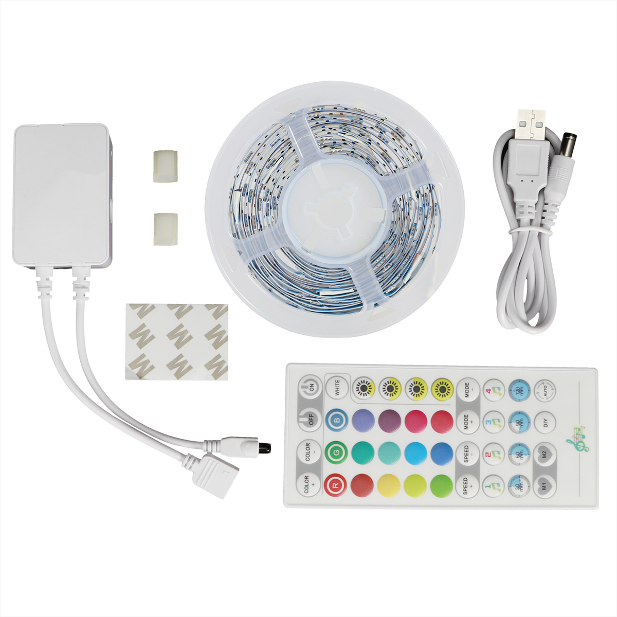 LED-Streifenlichter und Zubehör: Controller, Netzteil und Fernbedienung.