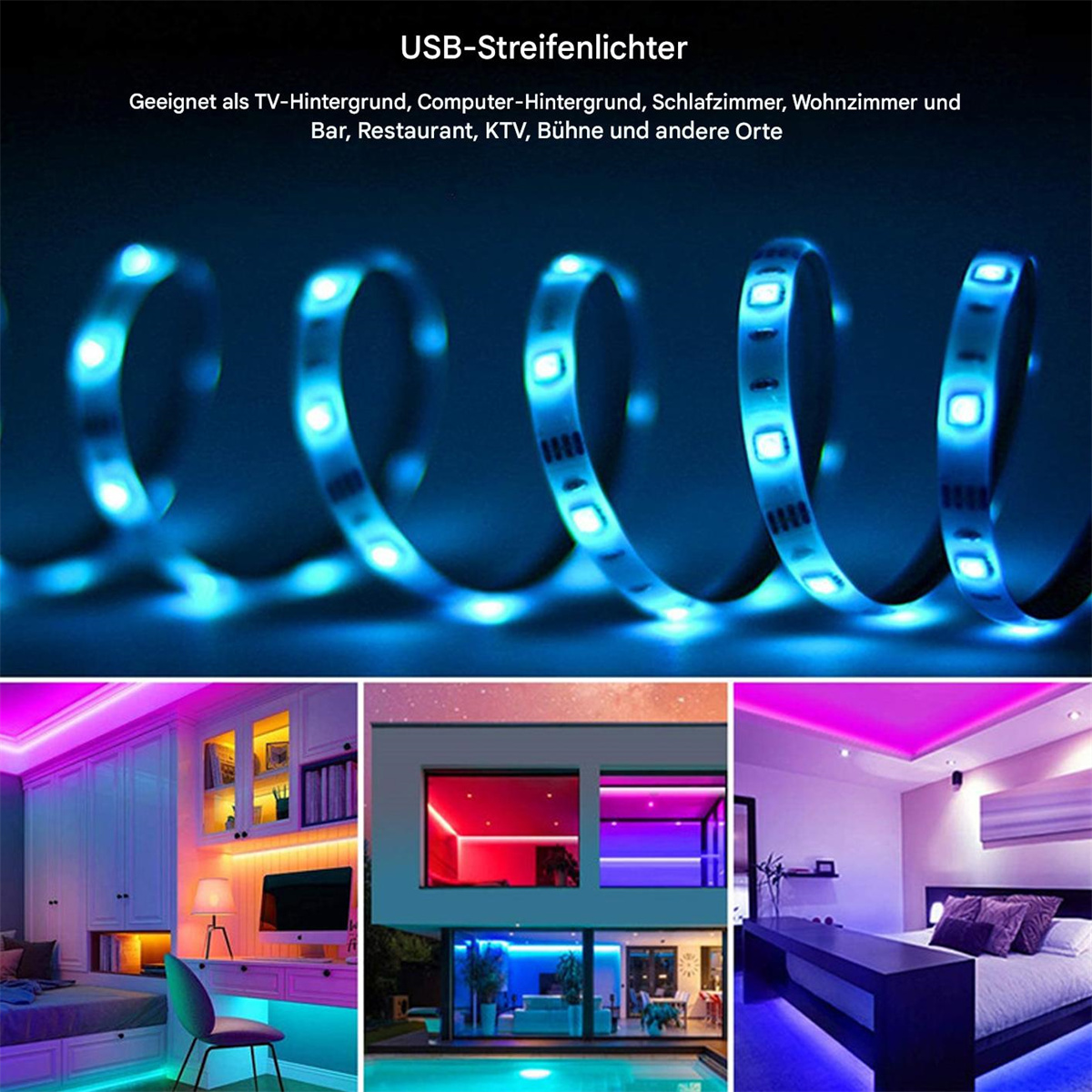 Eine aufgerollte blaue LED-Leiste mit Szenen von Innenbeleuchtungsanwendungen, einschließlich Schlafzimmer und Wohnzimmer.
