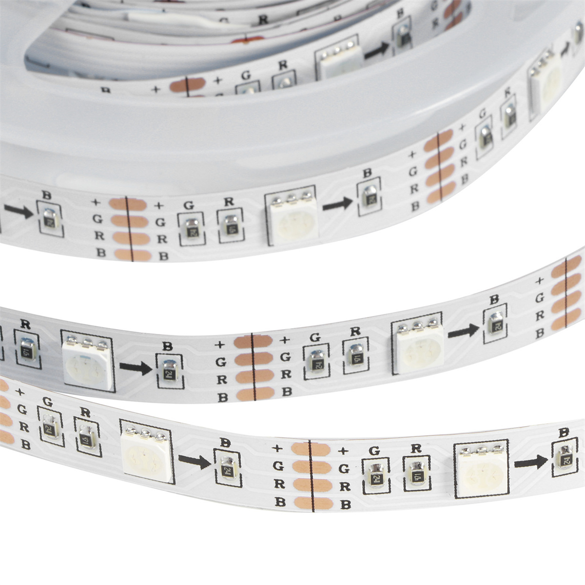 LED-Streifen, Nahaufnahme. Mehrere Abschnitte mit LED-Lichtern, G, R, und B. Der Streifen ist gerollt.