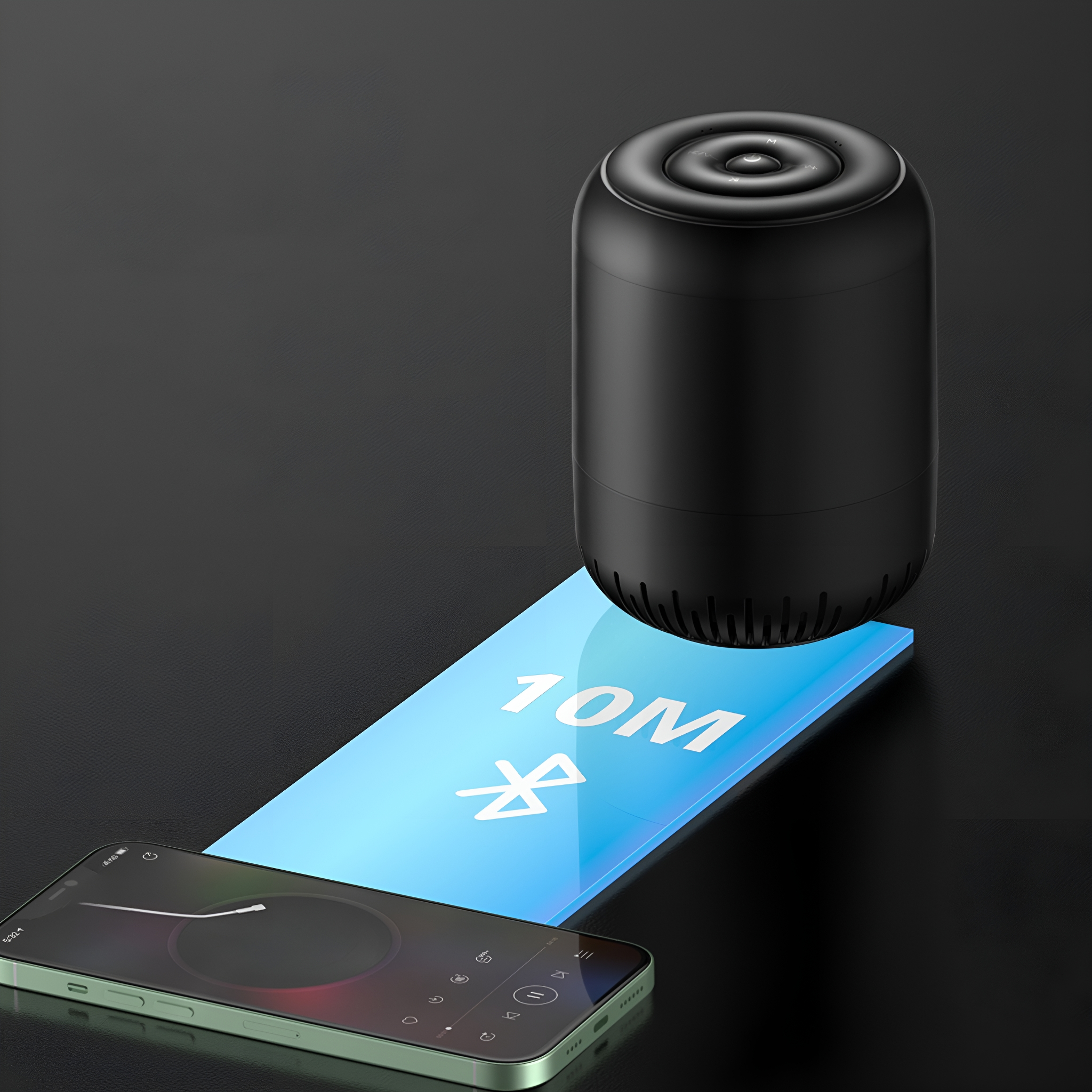 Schwarzer Lautsprecher und Smartphone. Bluetooth-Symbol auf dem Bildschirm.