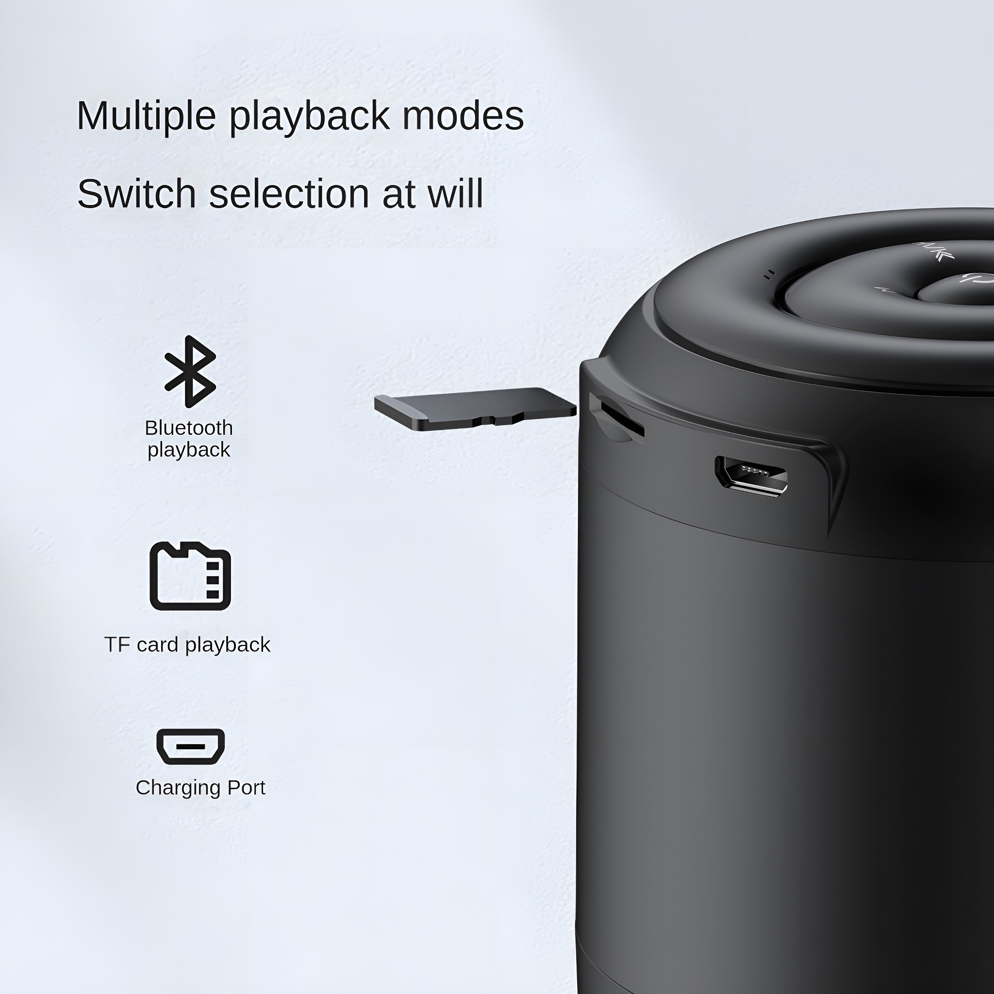 Schwarzer Lautsprecher mit Bluetooth-, TF-Karten- und Ladeanschlussoptionen.