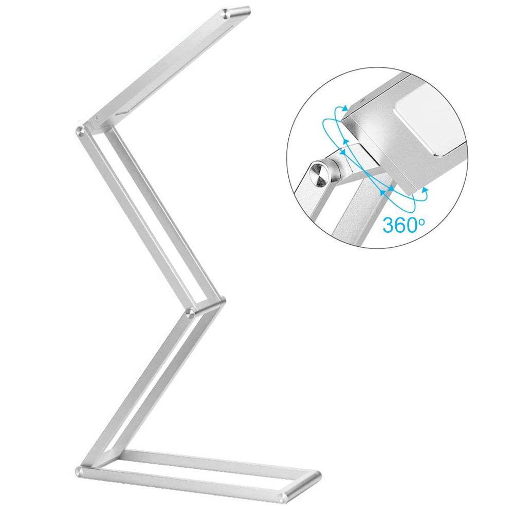 Silberne, verstellbare Schreibtischlampe. Die Lampe ist gefaltet und entfaltet.