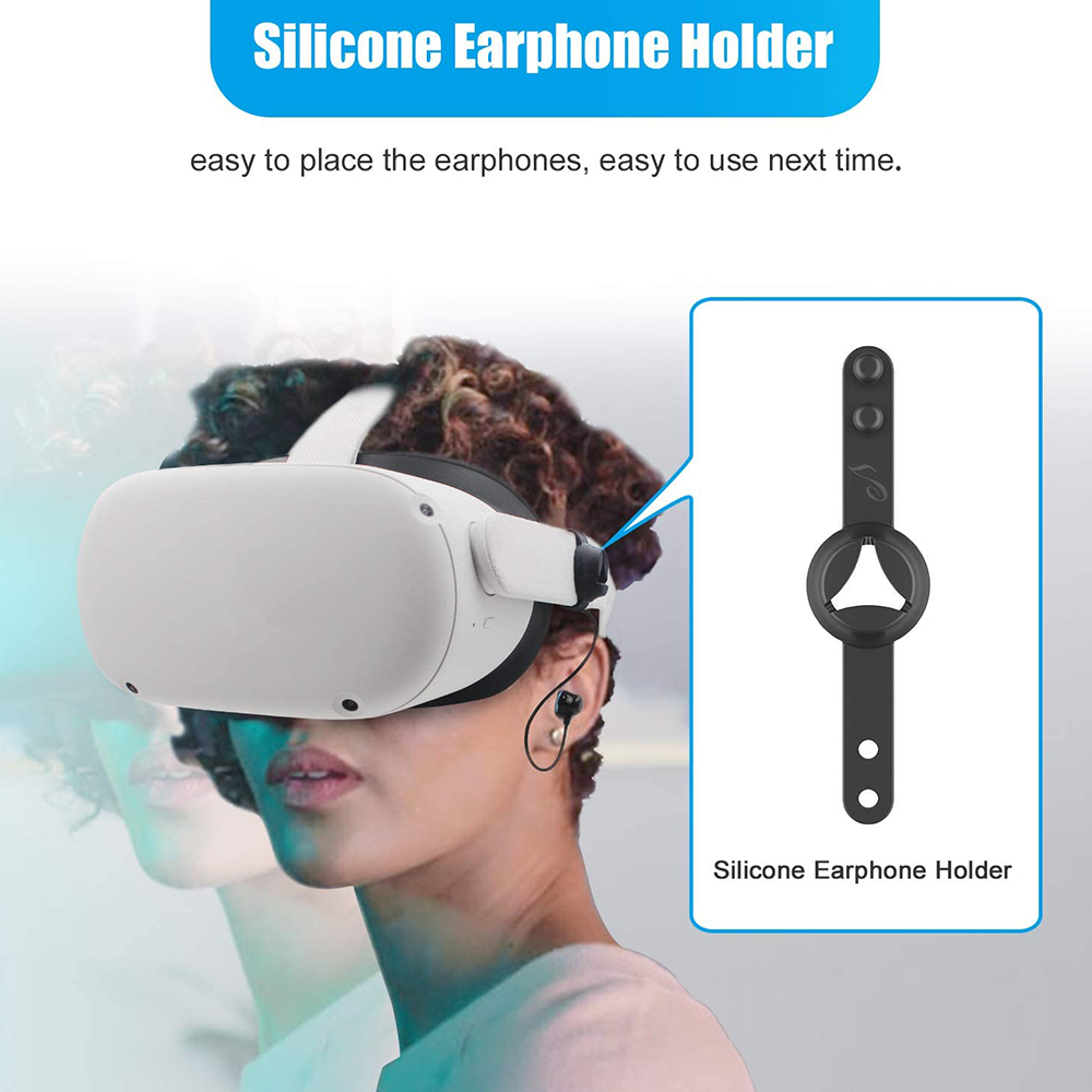 Eine Frau mit VR-Headset. Ein Kopfhörerhalter ist an einem VR-Headset befestigt.