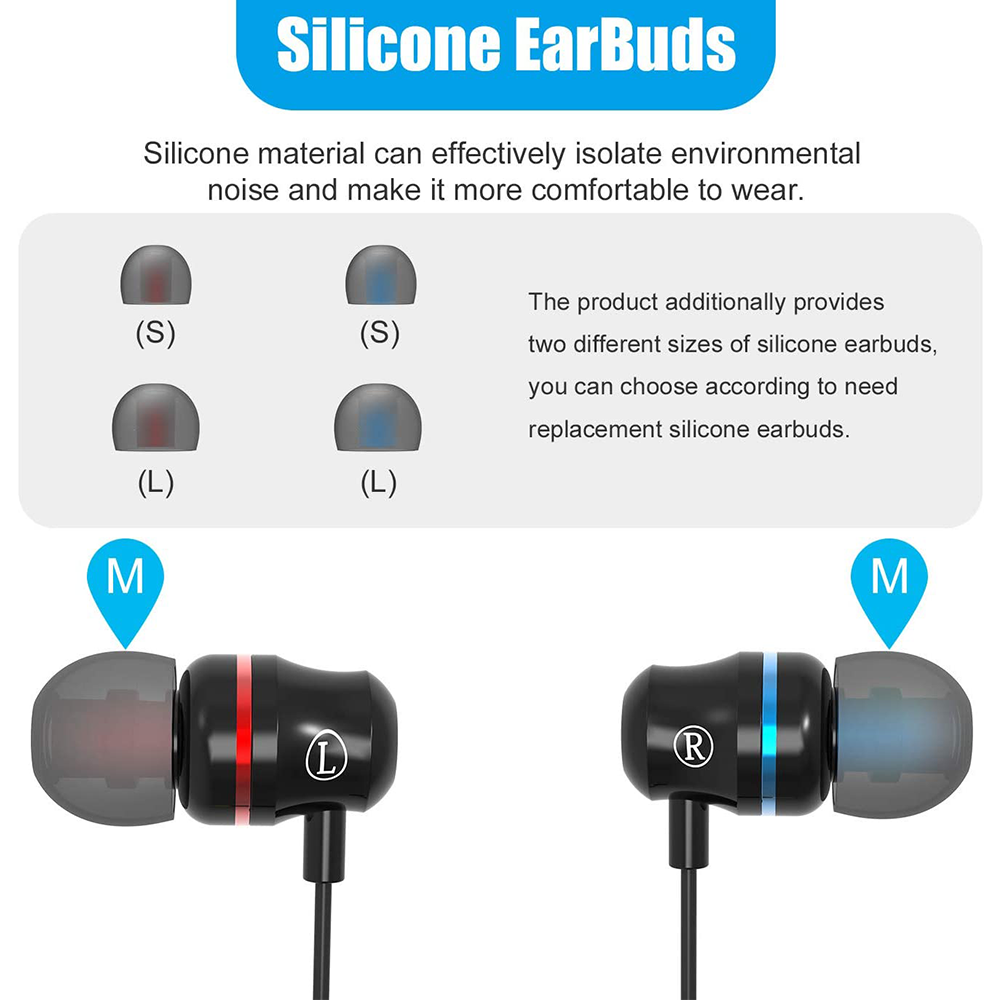 Zwei In-Ear-Kopfhörer mit farbigen Akzenten, schwarze Kabel, weißer Hintergrund.