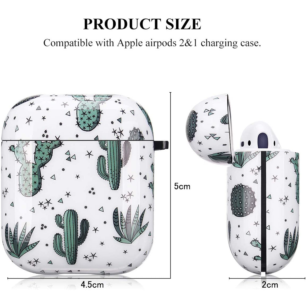 Weißes AirPods-Case mit Kaktus-Design, offen und geschlossen. Abmessungen angegeben. Weißer Hintergrund.