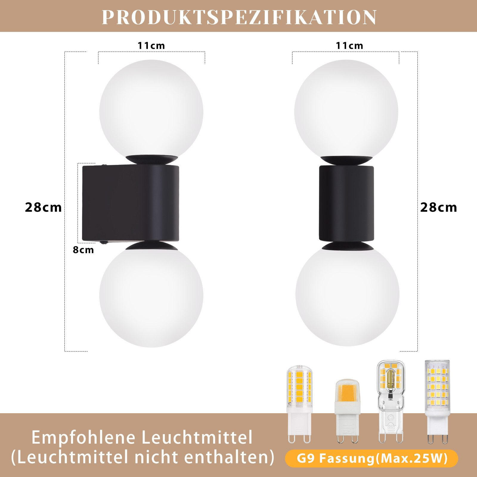 Schema di due lampade da parete con dimensioni e diverse lampadine.