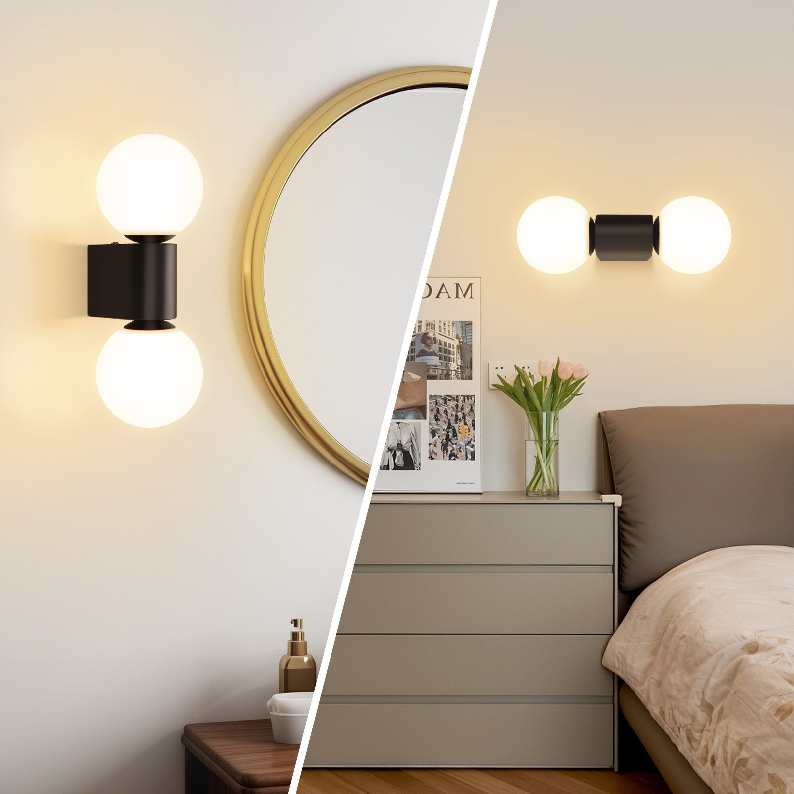 Due lampade da parete con lampadine rotonde. Uno specchio, un cassettone, un letto e dei fiori sullo sfondo.