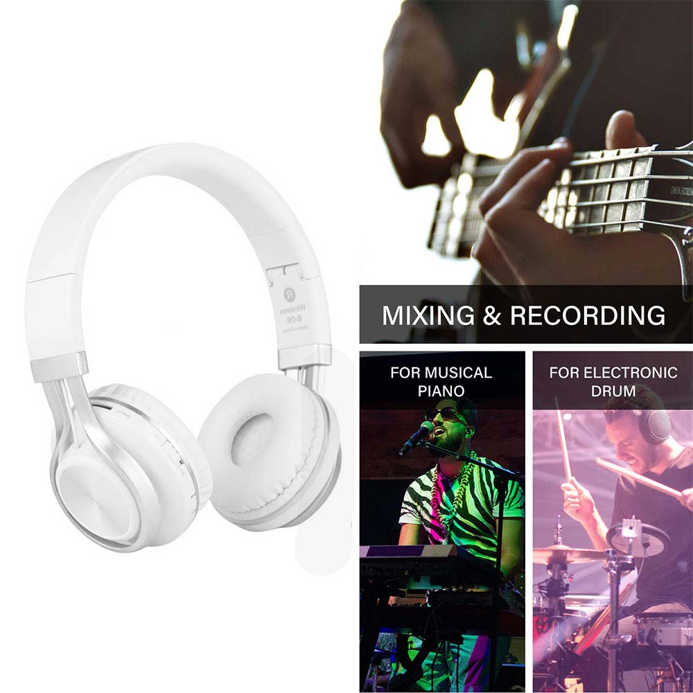Weiße Kopfhörer mit silbernem Bügel und Bilder von Mixing und Recording: Klavier, Sänger und Schlagzeuger.
