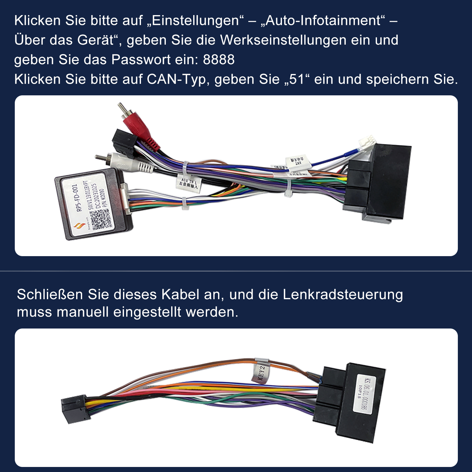 Kabelbaum mit Steckern. Textanweisungen auf Deutsch. Nahaufnahme.