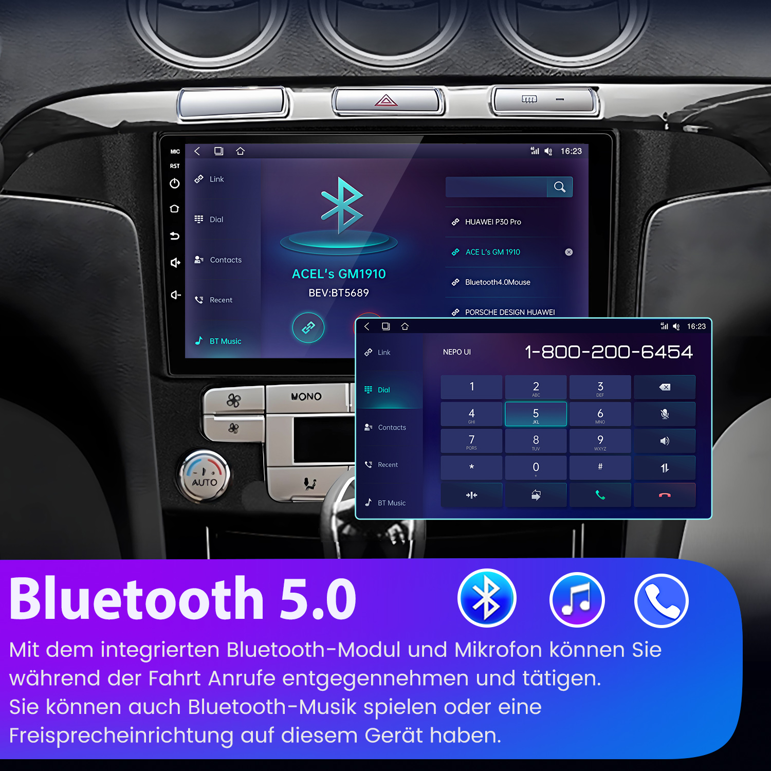 Auto-Dashboard mit Bildschirm, der eine Telefonschnittstelle mit Wähltastatur und Kontakten zeigt. Bluetooth 5.0 Logo.