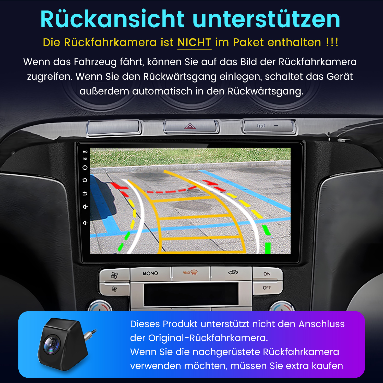 Autoradio-Bildschirm, der eine Rückfahrkamera-Ansicht anzeigt. Schwarzes Armaturenbrett, Warntext oben.