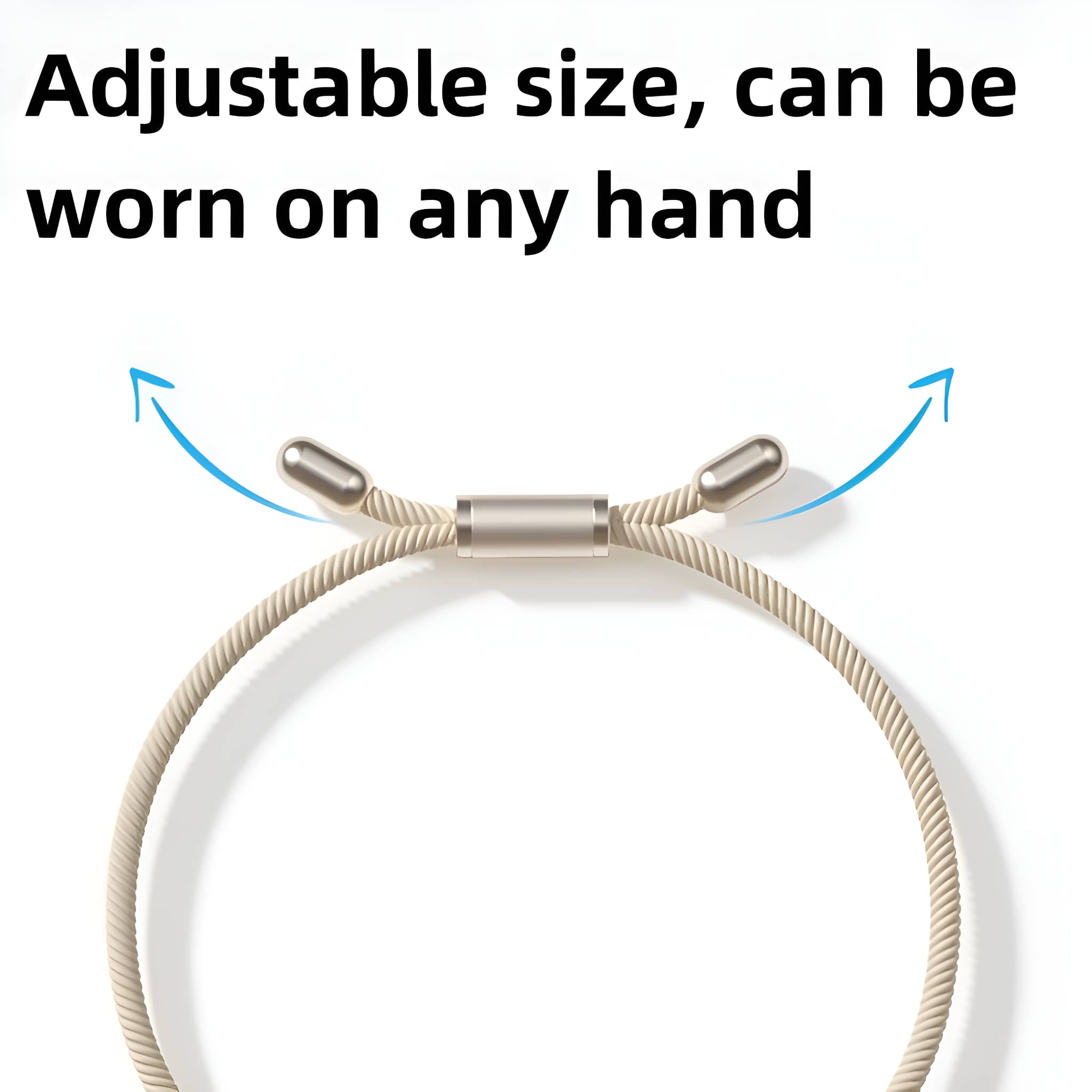 Verstellbare beige Schnur mit silbernen Enden, die Möglichkeit zeigend, an jeder Hand getragen zu werden.
